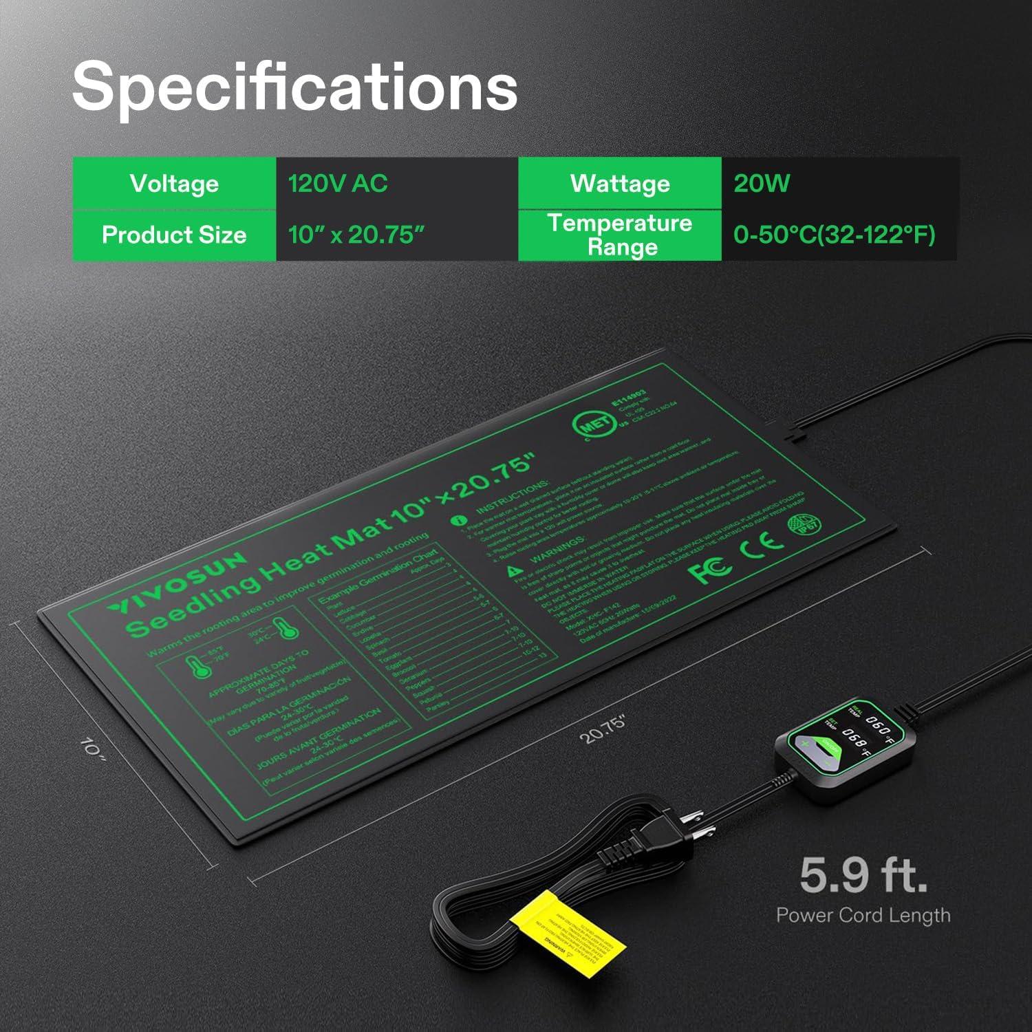 Alfombrilla Térmica para Plántulas VIVOSUN 10x52 cm con Termostato