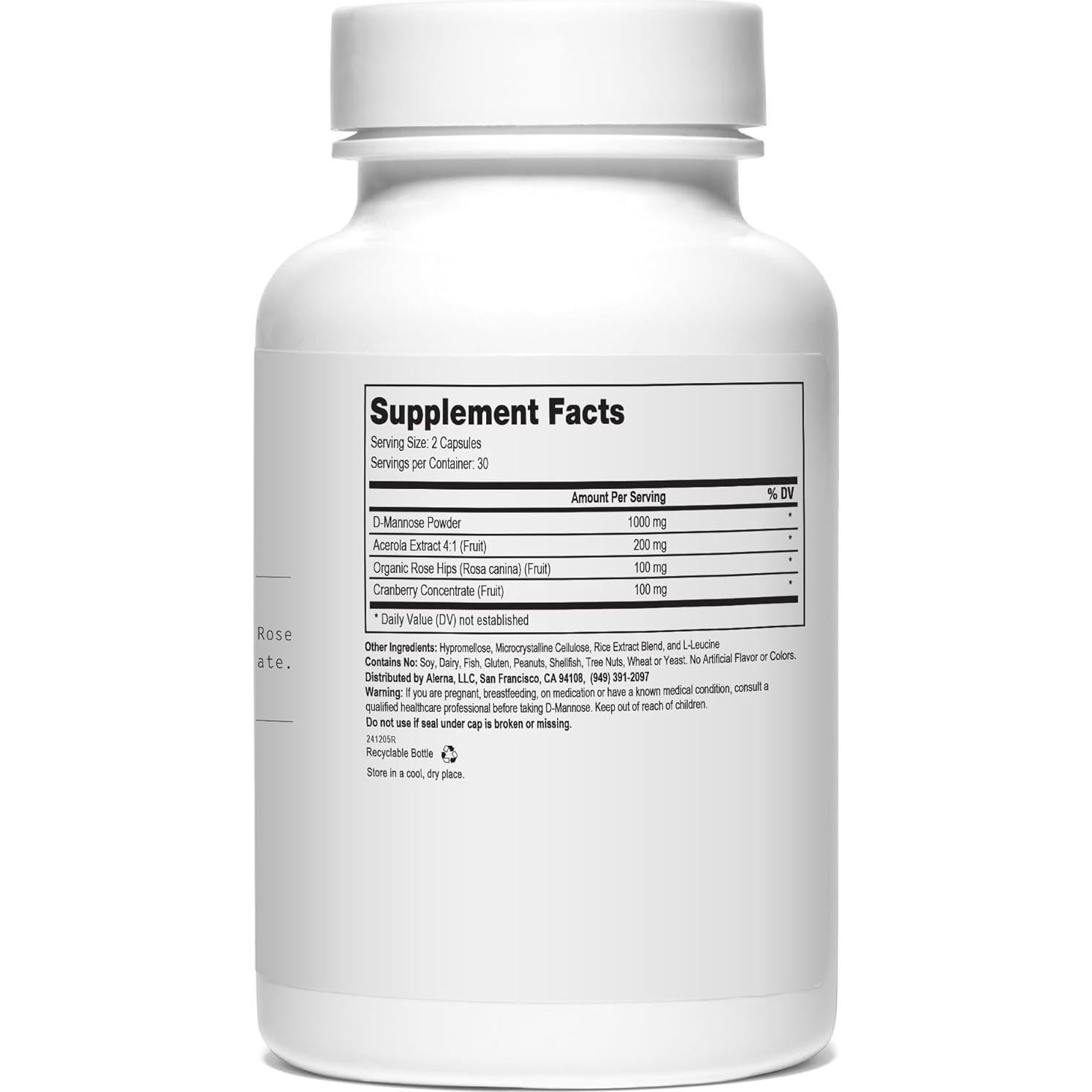 D-Mannose 1000 mg - Urinary Tract Health - with Cranberry Concentrate, Organic Rose HIPS, Acerola Extract - 60 Vegetarian Capsules