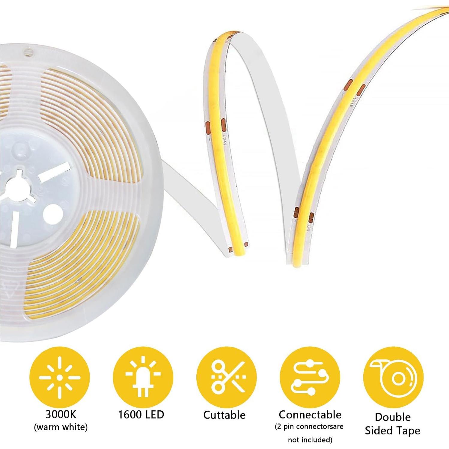 Tira de Luz LED COB 5m dalattin 3000K Blanco Cálido con Control Remoto