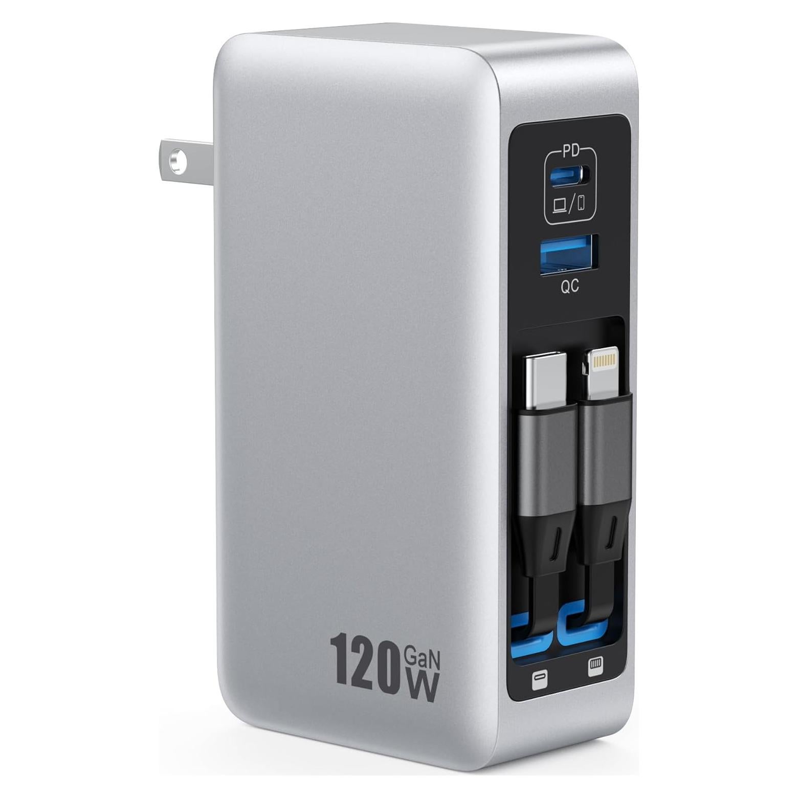 Cargador USB C 120W GaN IV con 2 Cables Retráctiles