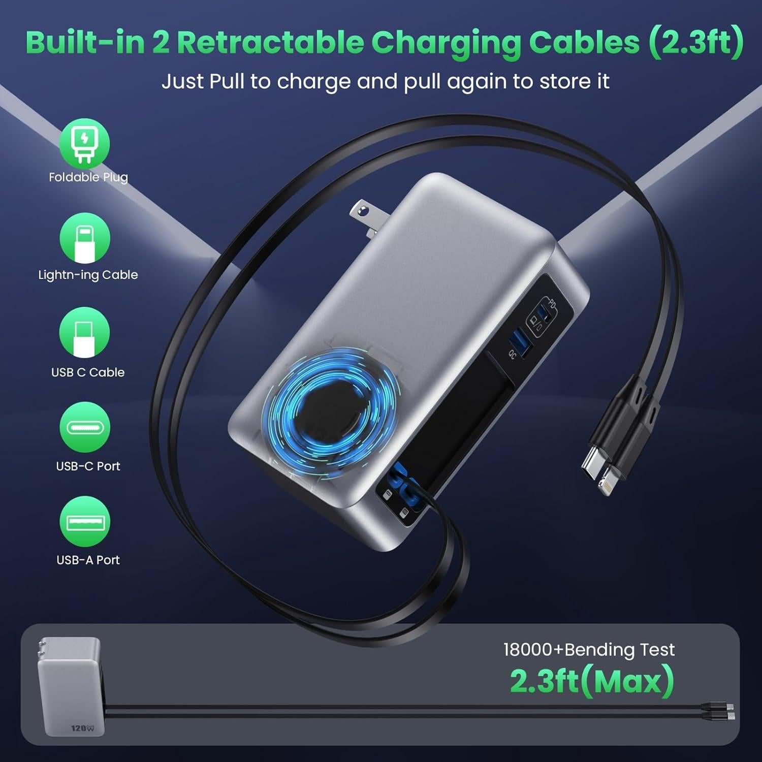 Cargador USB C 120W GaN IV con 2 Cables Retráctiles