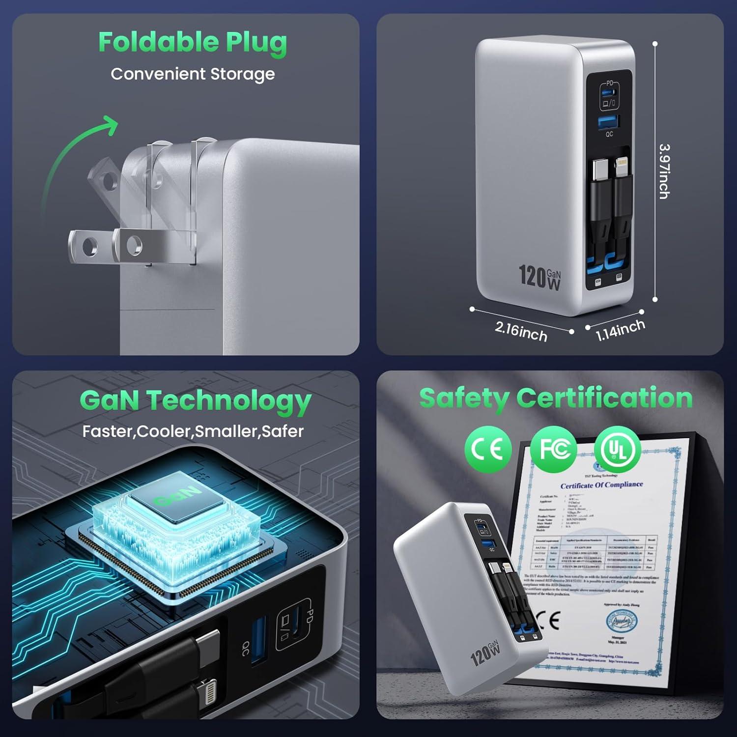 Cargador USB C 120W GaN IV con 2 Cables Retráctiles