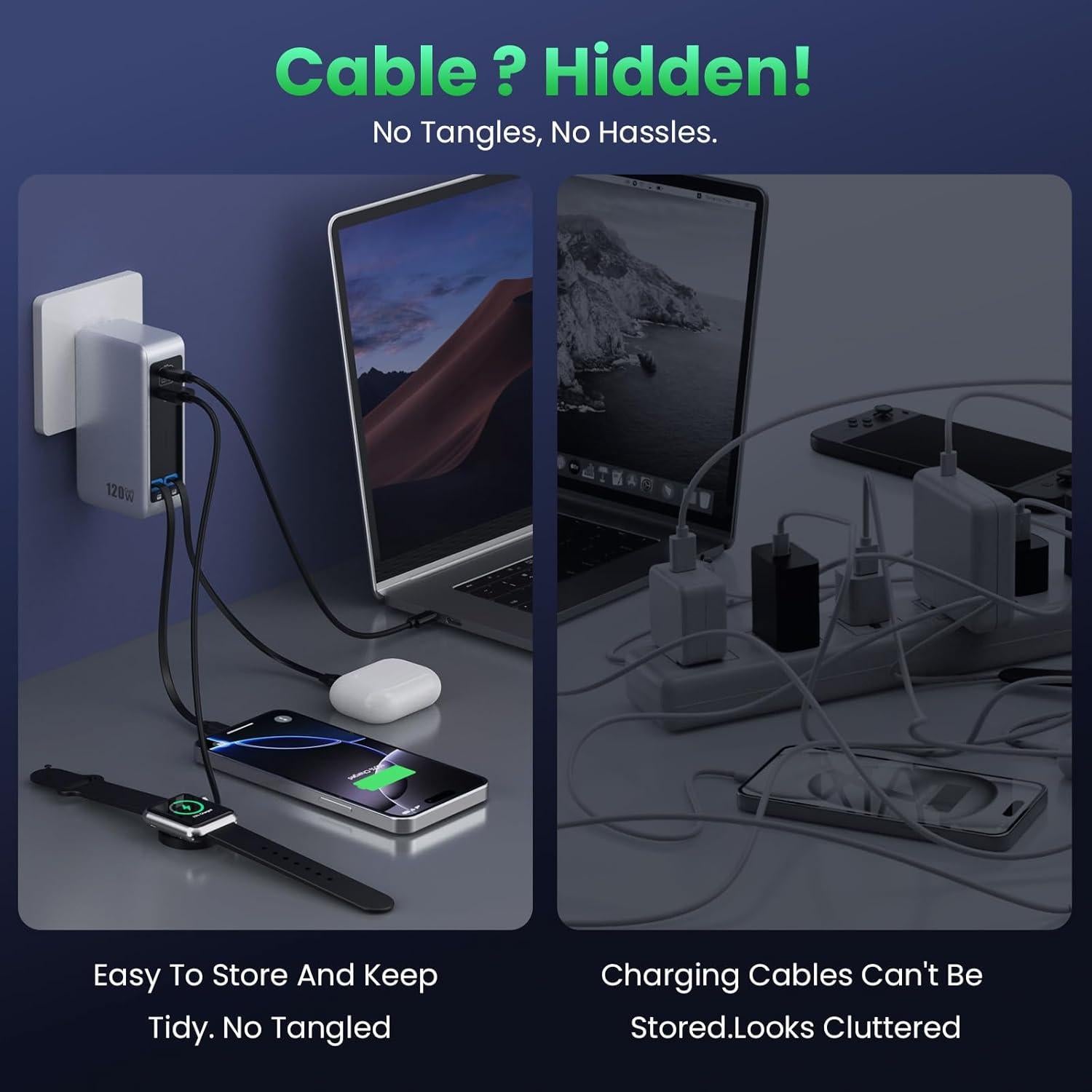 Cargador USB C 120W GaN IV con 2 Cables Retráctiles