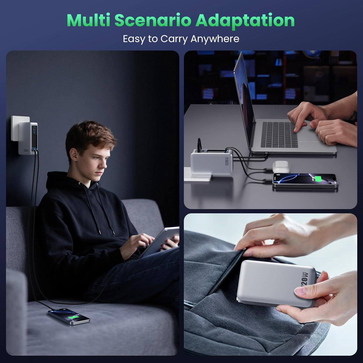 Cargador USB C 120W GaN IV con 2 Cables Retráctiles