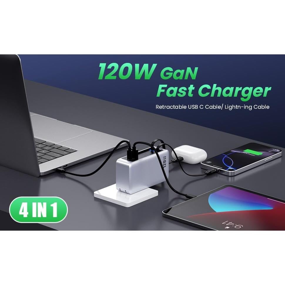 Cargador USB C 120W GaN IV con 2 Cables Retráctiles