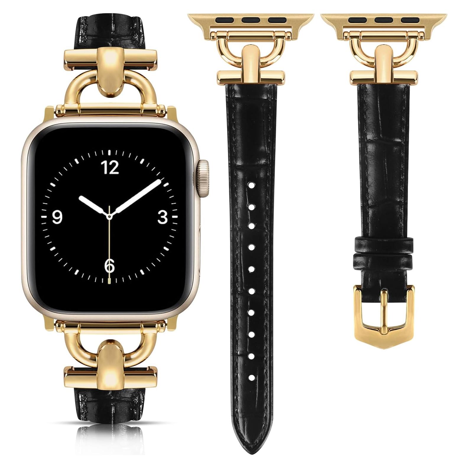 Correa de cuero para Apple Watch MXIIXNAI 38-42mm Negro/Dorado