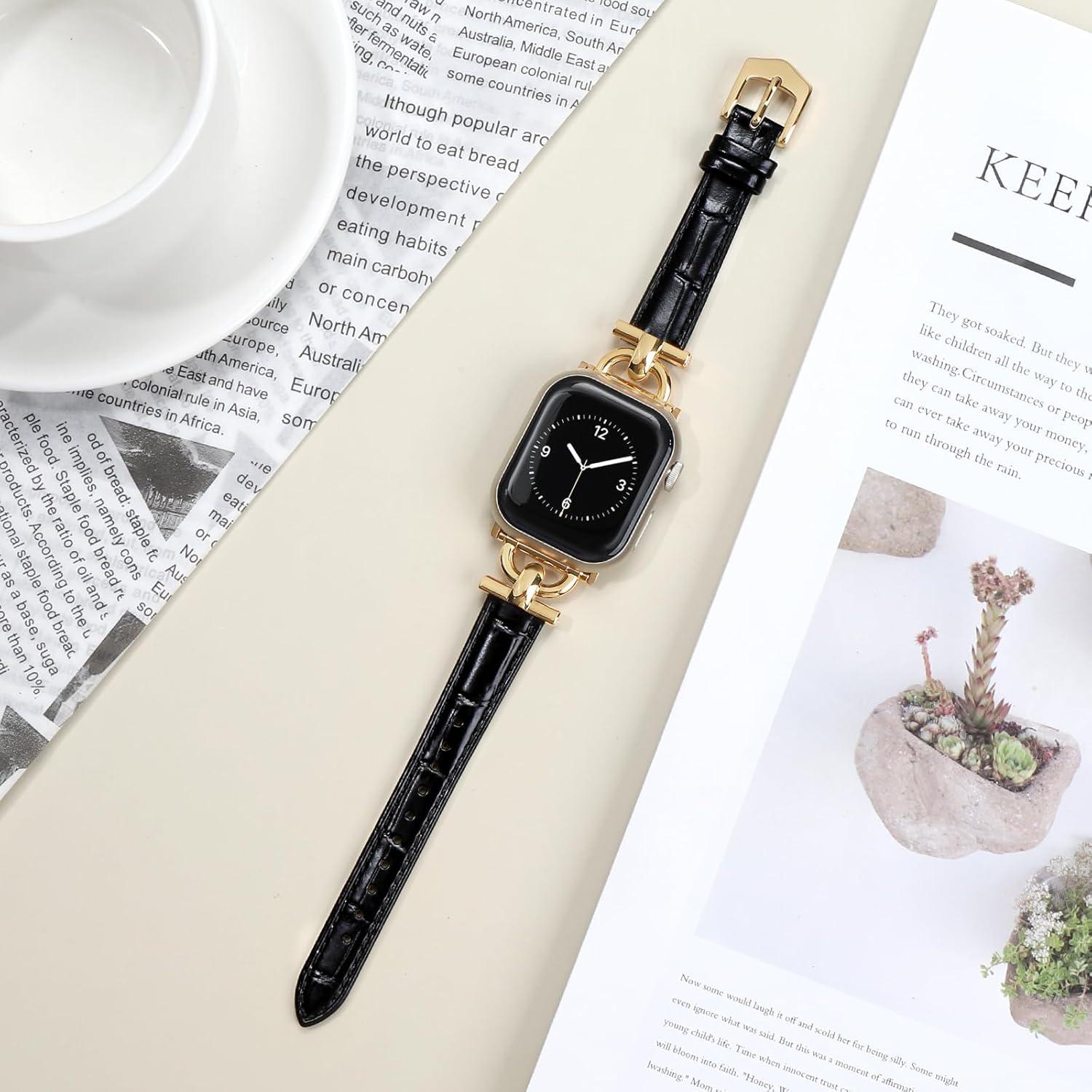 Correa de cuero para Apple Watch MXIIXNAI 38-42mm Negro/Dorado