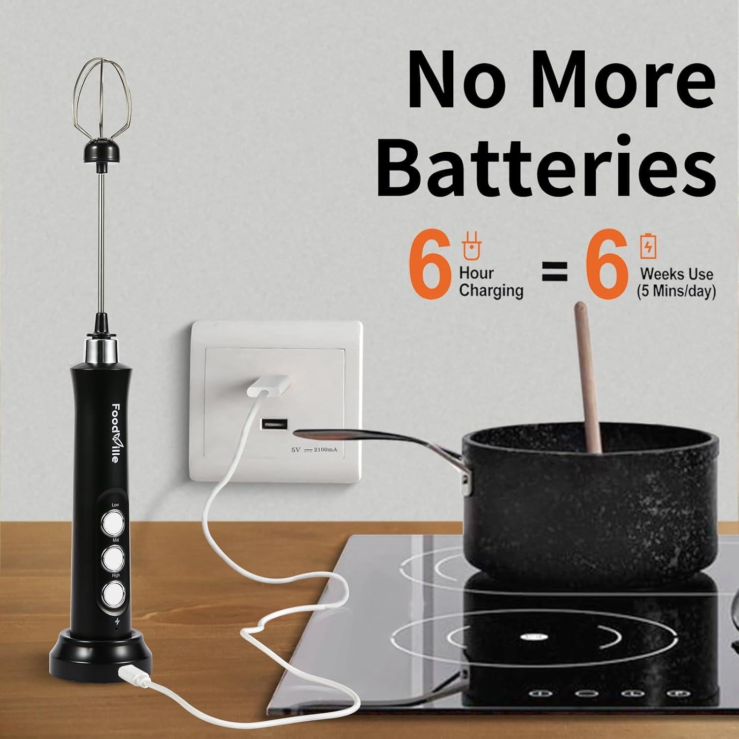 Espumador de Leche Recargable FoodVille MF09 con 3 Varillas