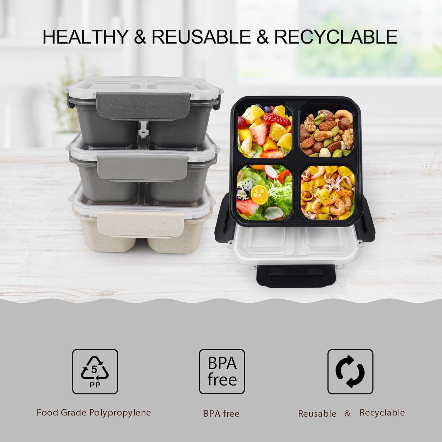 Set de 4 Cajas Bento Greenandlife 680ml Apta Microondas Gris