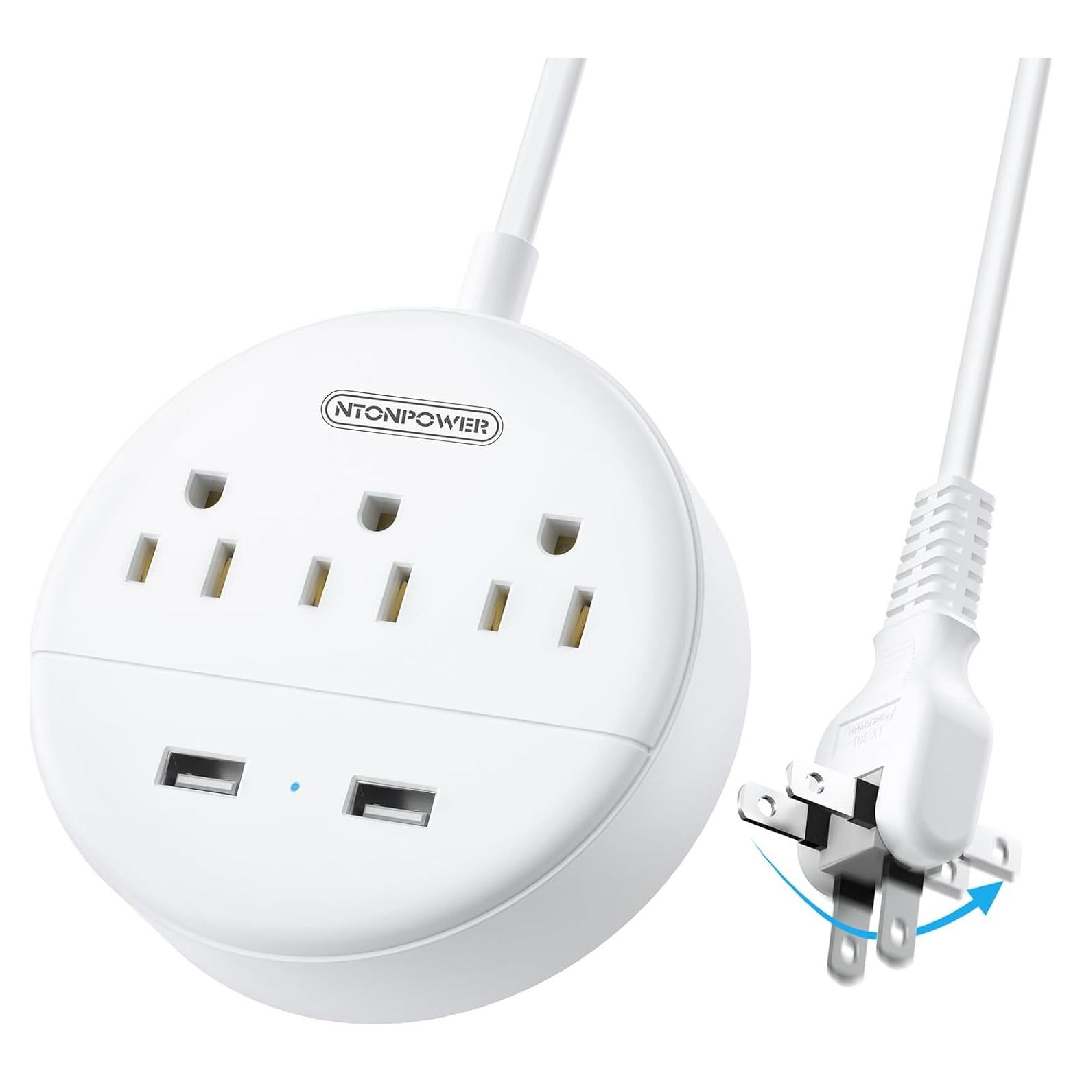 Regleta NTONPOWER 2 Enchufes 1.52m 3 Salidas AC 2 USB Rotatorio