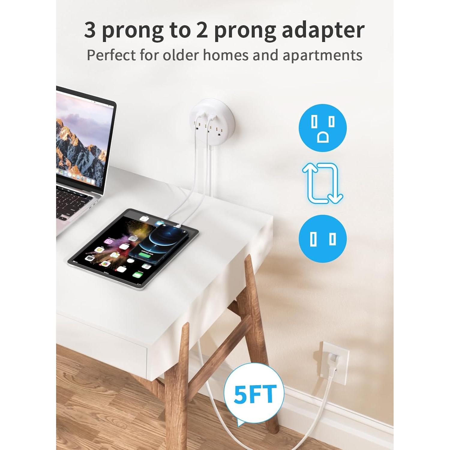 Regleta NTONPOWER 2 Enchufes 1.52m 3 Salidas AC 2 USB Rotatorio