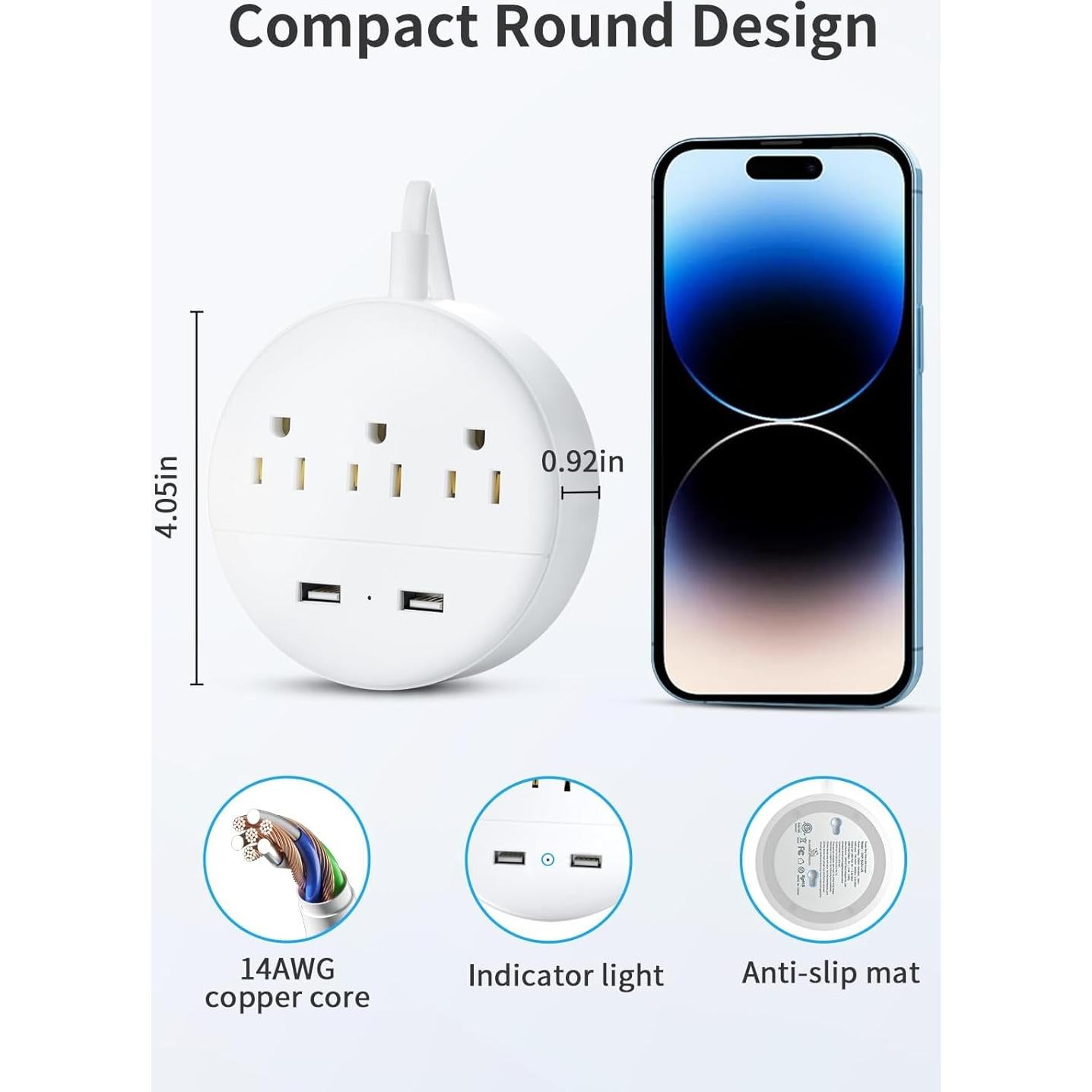 Regleta NTONPOWER 2 Enchufes 1.52m 3 Salidas AC 2 USB Rotatorio