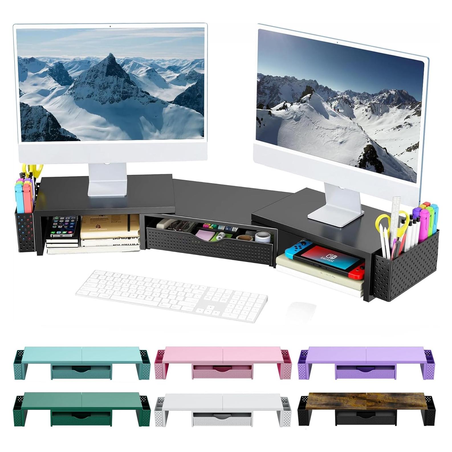 Soporte Elevador para Doble Monitor Spacrea con Cajón Negro