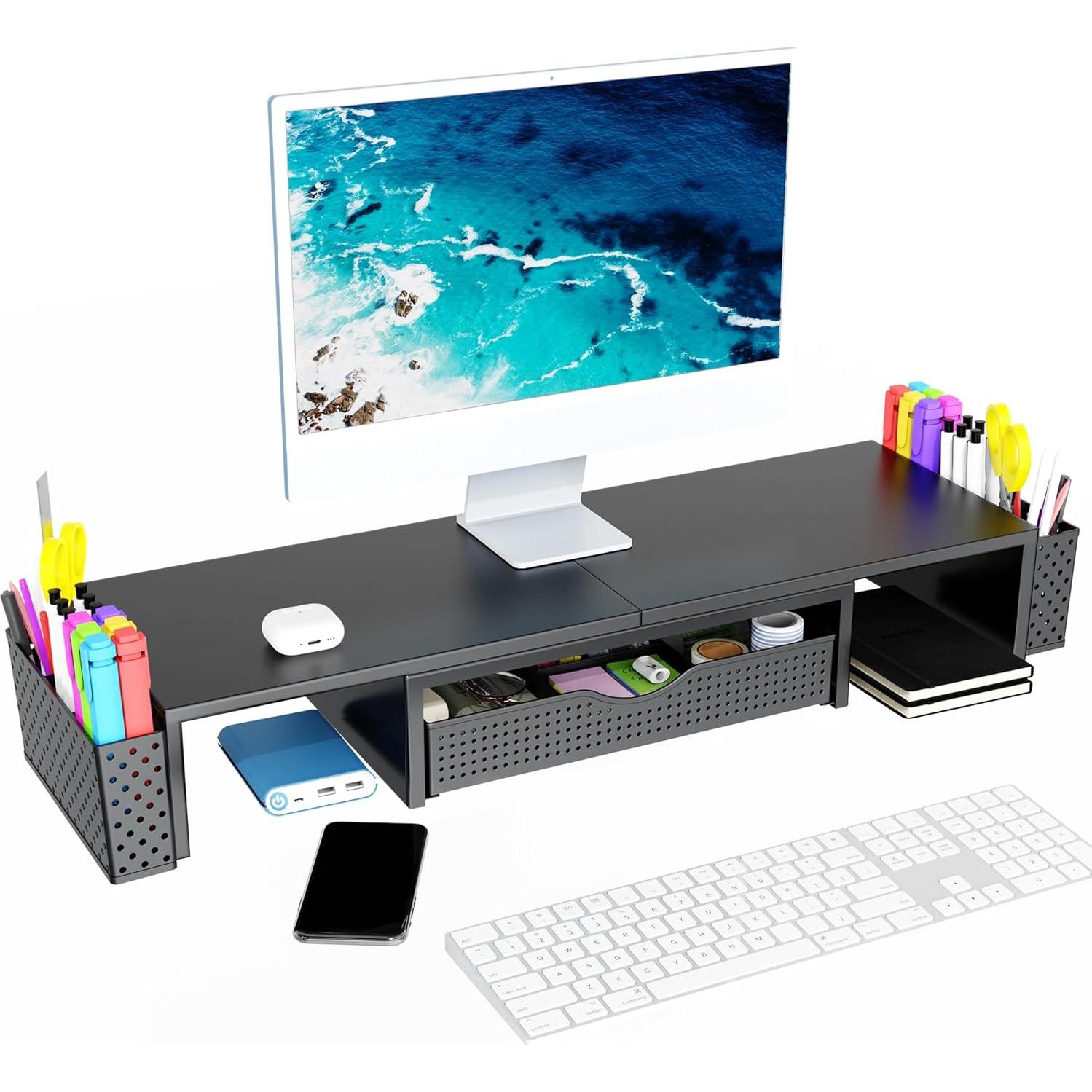 Soporte Elevador para Doble Monitor Spacrea con Cajón Negro