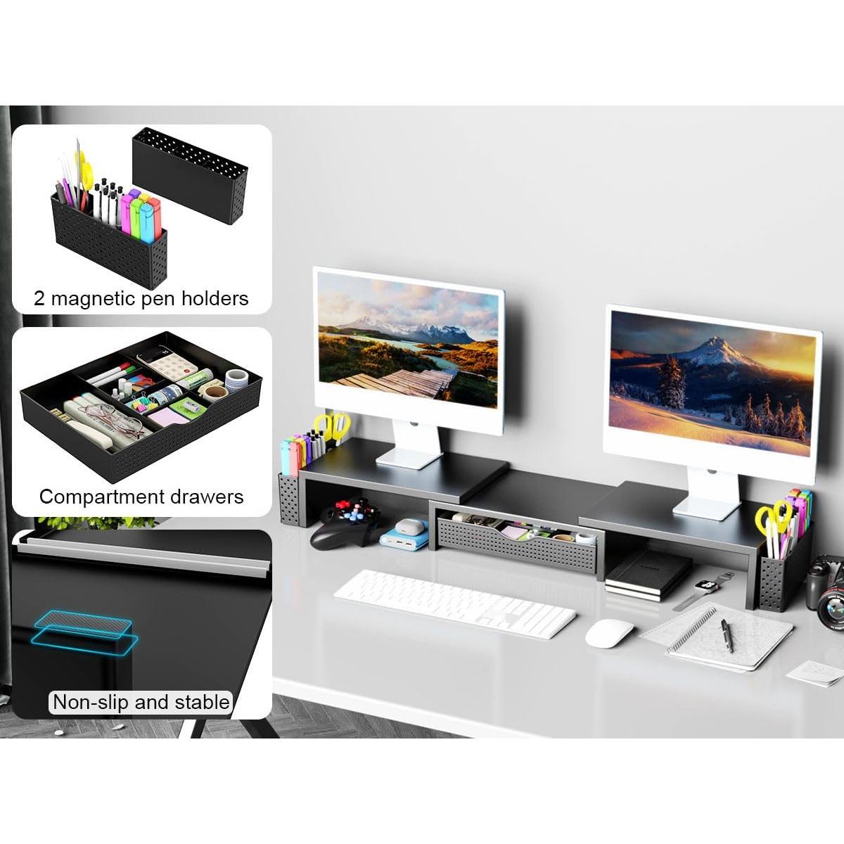 Soporte Elevador para Doble Monitor Spacrea con Cajón Negro