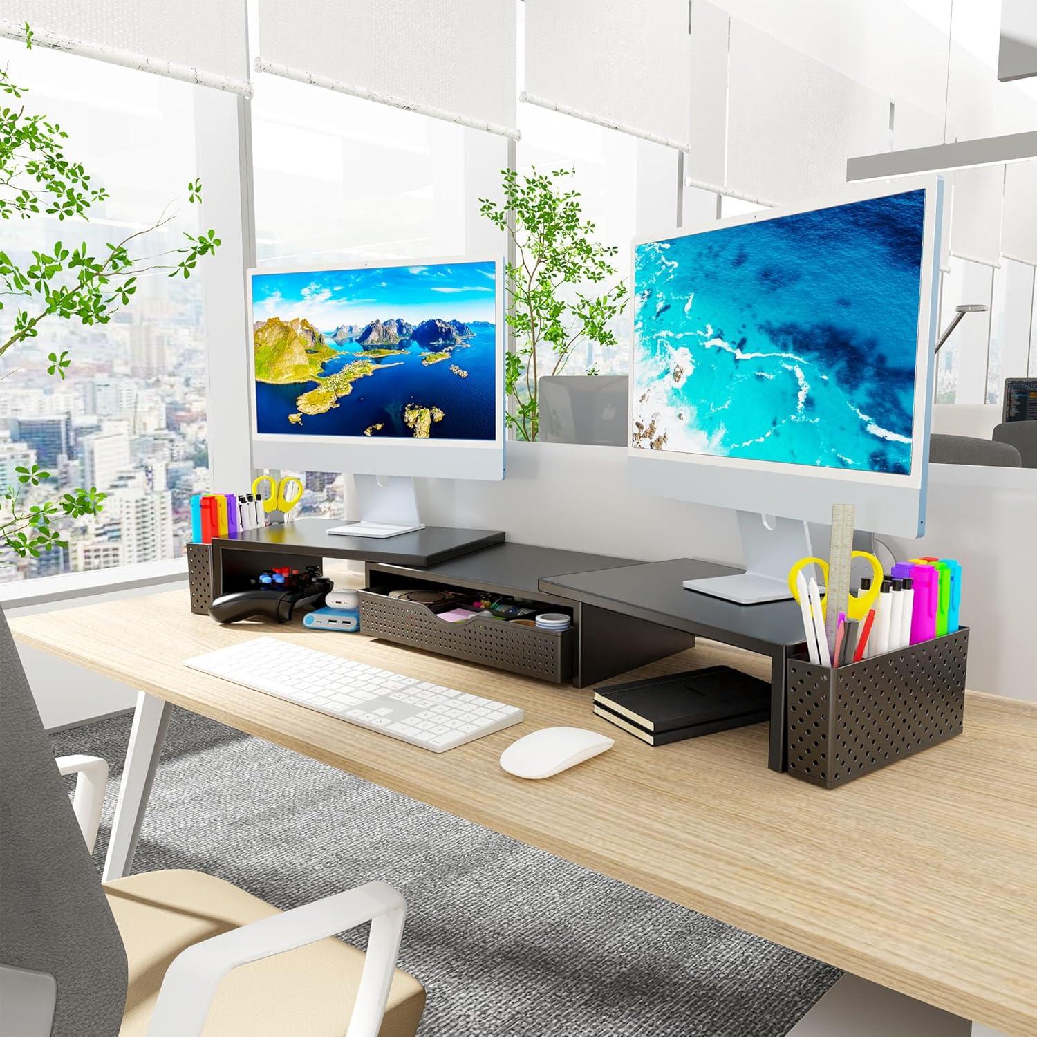 Soporte Elevador para Doble Monitor Spacrea con Cajón Negro