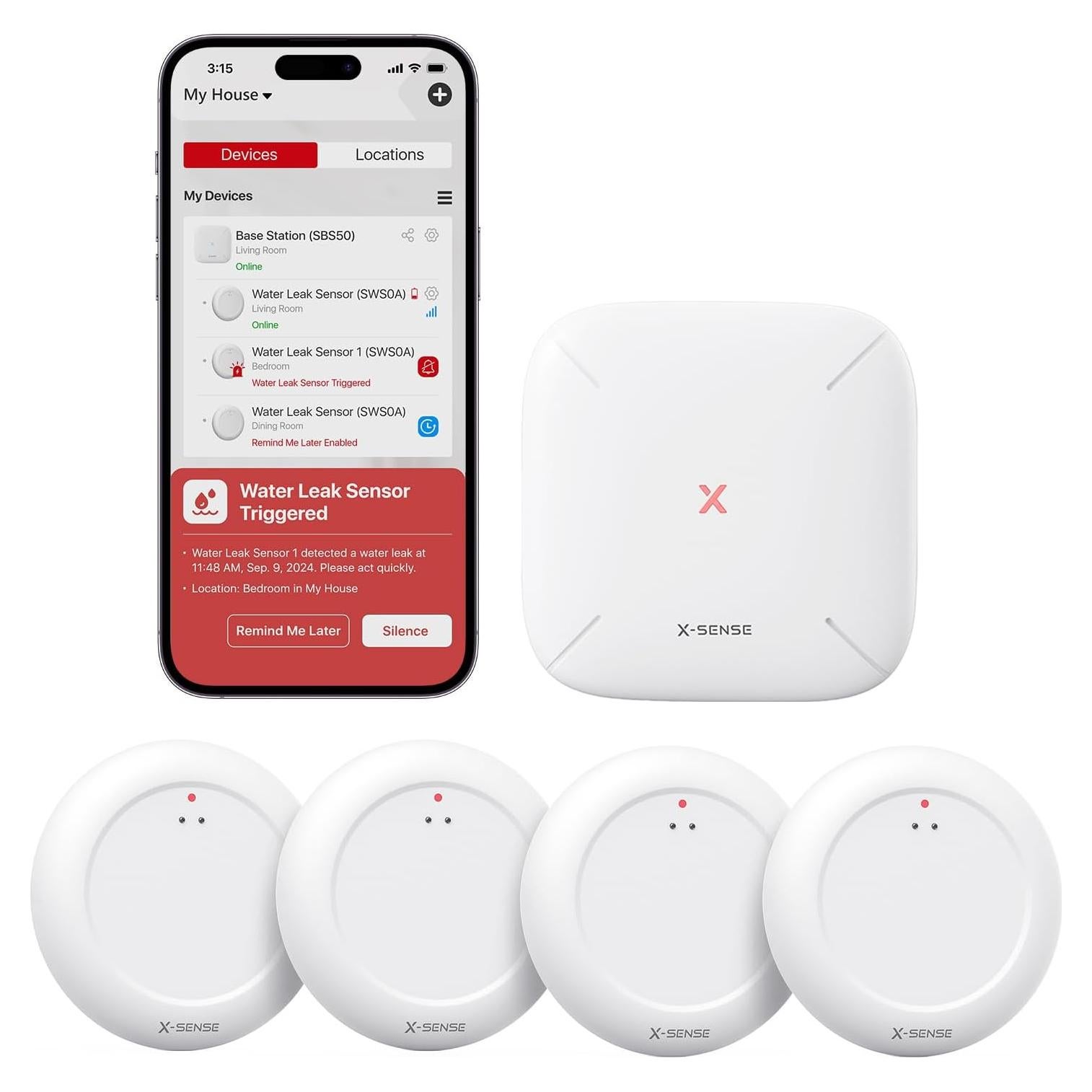 Detector de Fugas de Agua Wi-Fi X-Sense SWS0A41, 4 Sensores