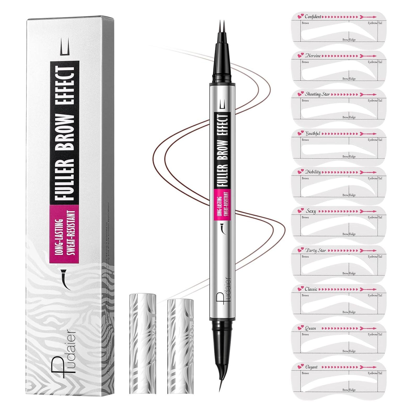 Eyebrow Pencils for Women with 10Pcs Stencils, 2-in-1 Dual-Ended Microblading Eyebrow Pencil with Curved Brush-Tip and Fork-Tip for Hair-Like Brows, Waterproof Curved Eyebrow Pen, Cool Brown