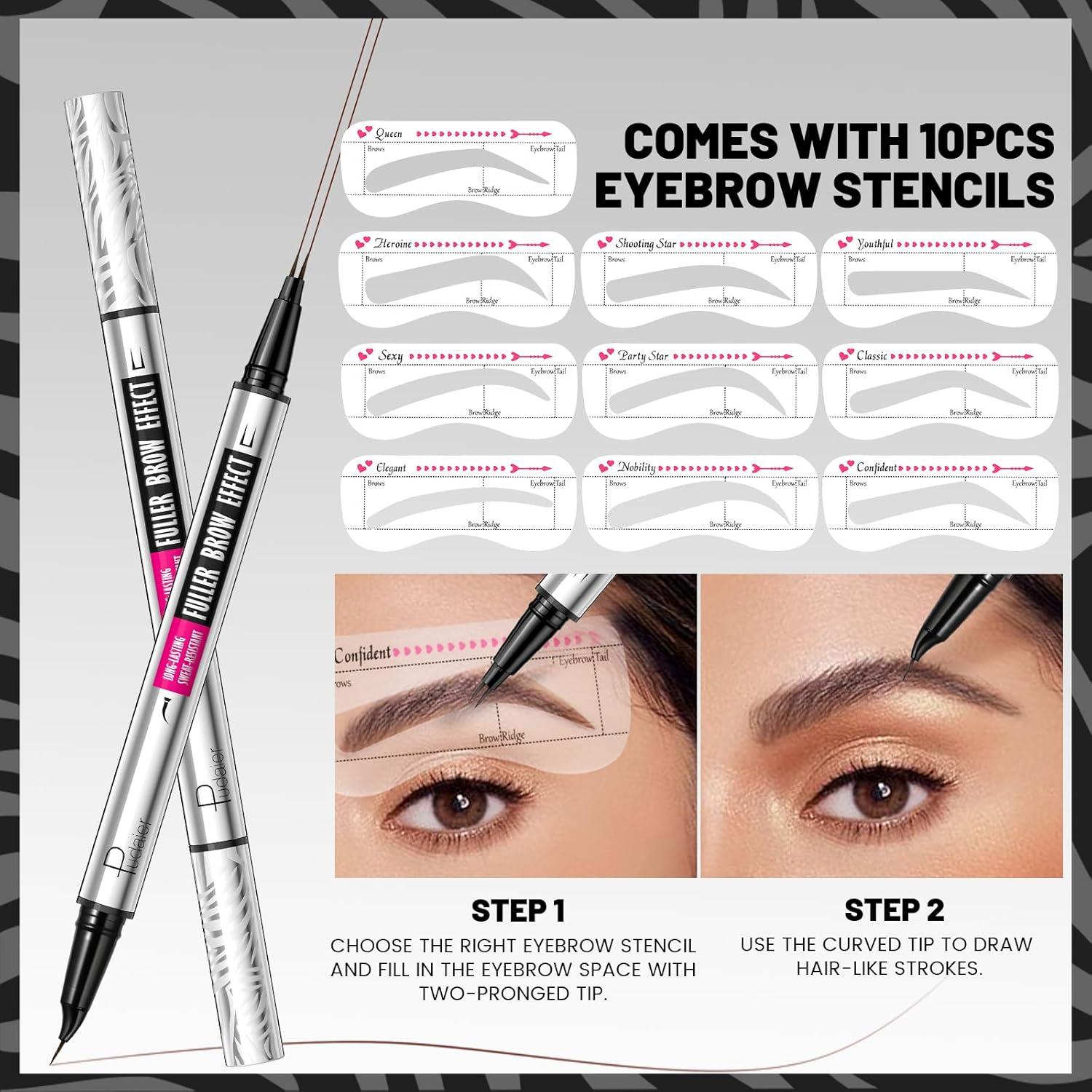 Eyebrow Pencils for Women with 10Pcs Stencils, 2-in-1 Dual-Ended Microblading Eyebrow Pencil with Curved Brush-Tip and Fork-Tip for Hair-Like Brows, Waterproof Curved Eyebrow Pen, Cool Brown