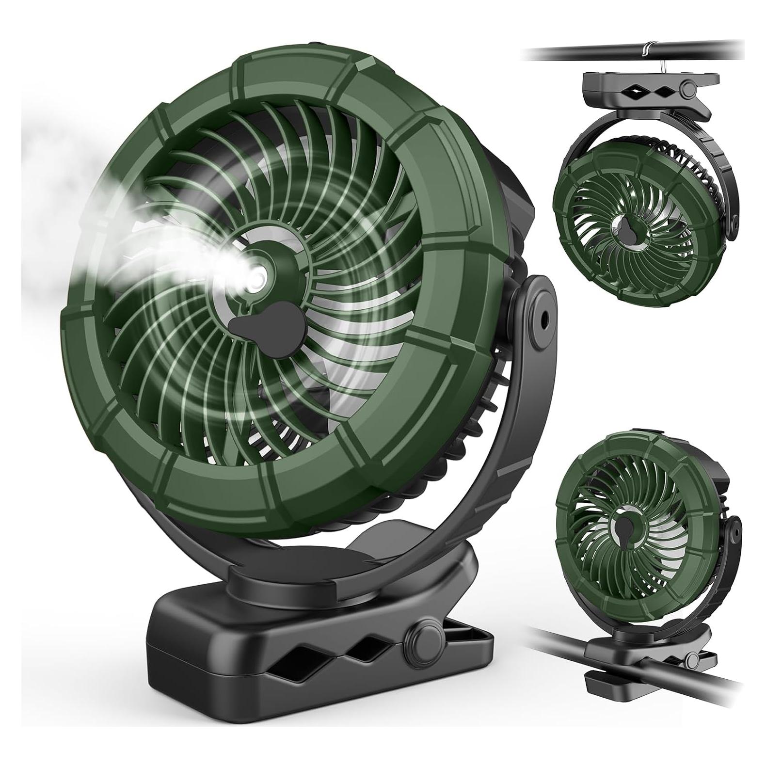 Ausic Portable Misting Clip on Fan, 100ml Camping Stroller Fan with Mist, 5200mAh Outdoor Rechargeable Battery Operated Fans, 360° Rotate Cooling Spray Fans for Travel/Home/Beach/Golf Cart