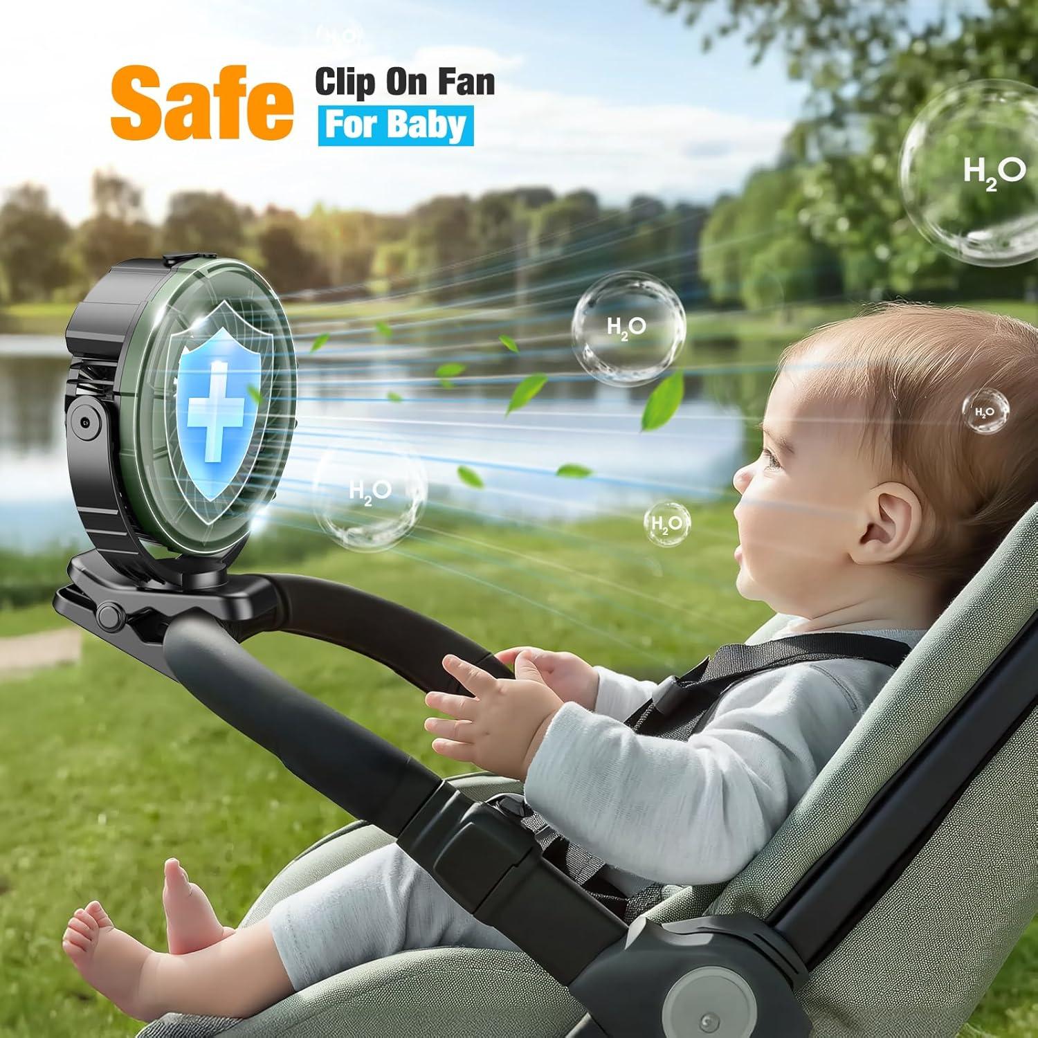 Ausic Portable Misting Clip on Fan, 100ml Camping Stroller Fan with Mist, 5200mAh Outdoor Rechargeable Battery Operated Fans, 360° Rotate Cooling Spray Fans for Travel/Home/Beach/Golf Cart
