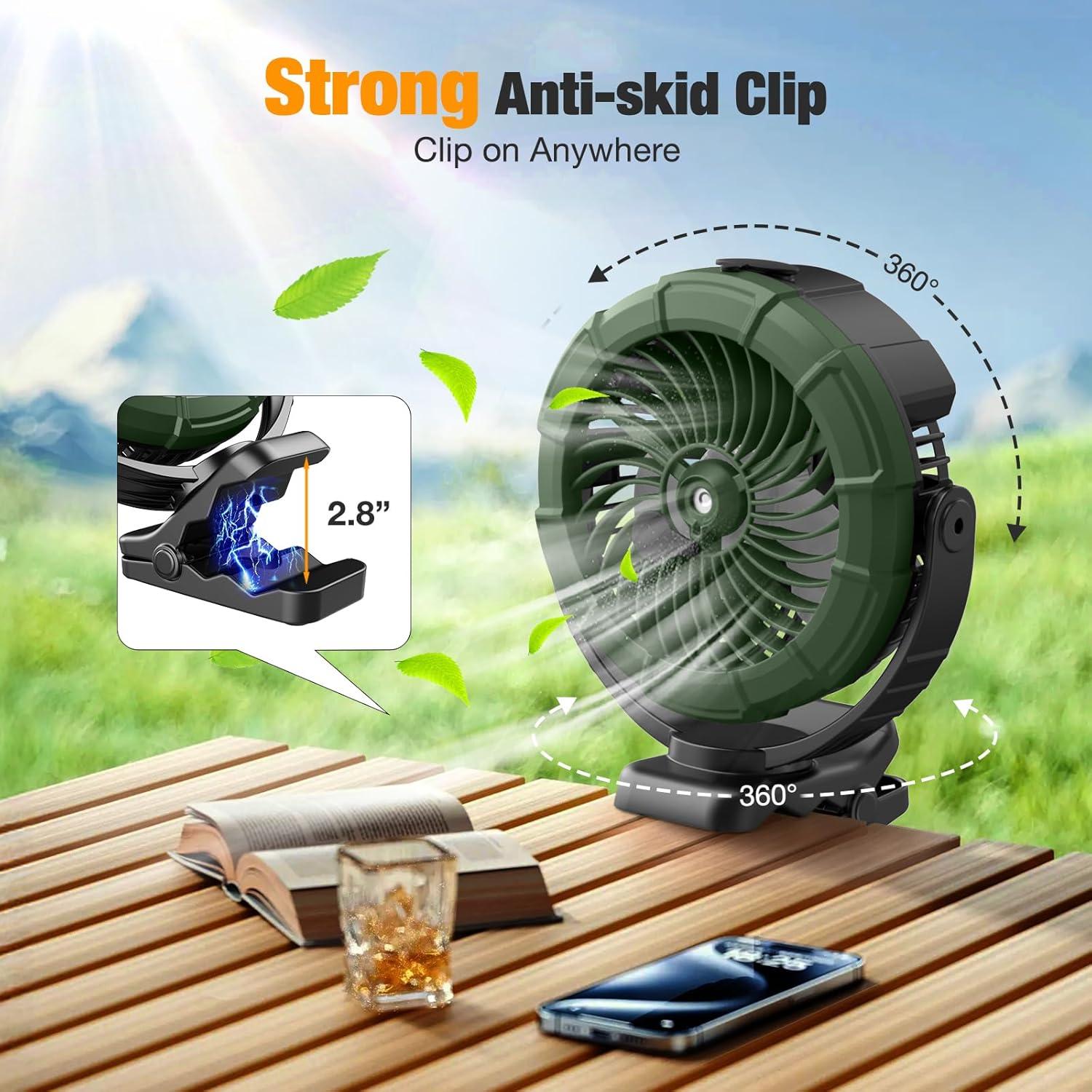 Ausic Portable Misting Clip on Fan, 100ml Camping Stroller Fan with Mist, 5200mAh Outdoor Rechargeable Battery Operated Fans, 360° Rotate Cooling Spray Fans for Travel/Home/Beach/Golf Cart