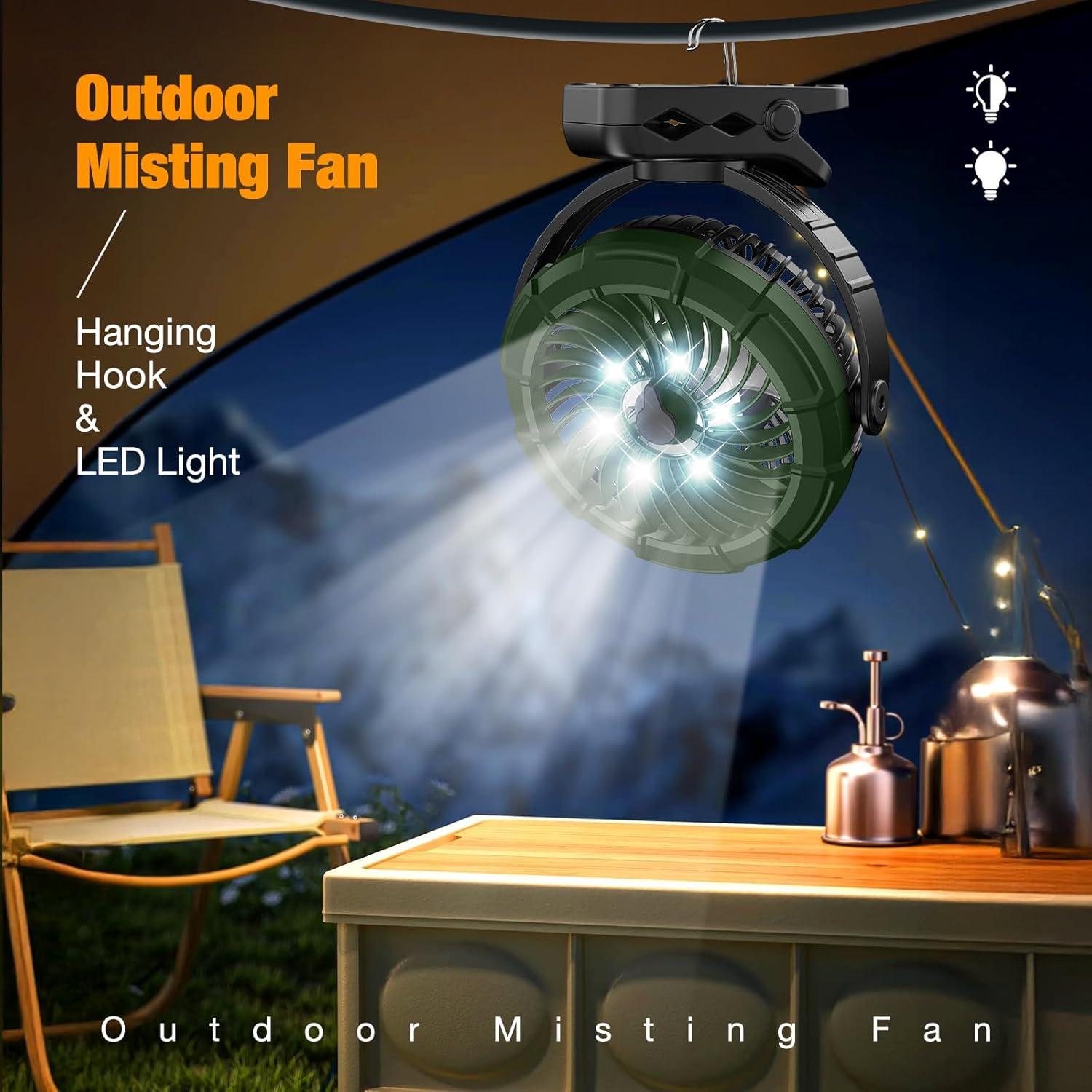 Ausic Portable Misting Clip on Fan, 100ml Camping Stroller Fan with Mist, 5200mAh Outdoor Rechargeable Battery Operated Fans, 360° Rotate Cooling Spray Fans for Travel/Home/Beach/Golf Cart