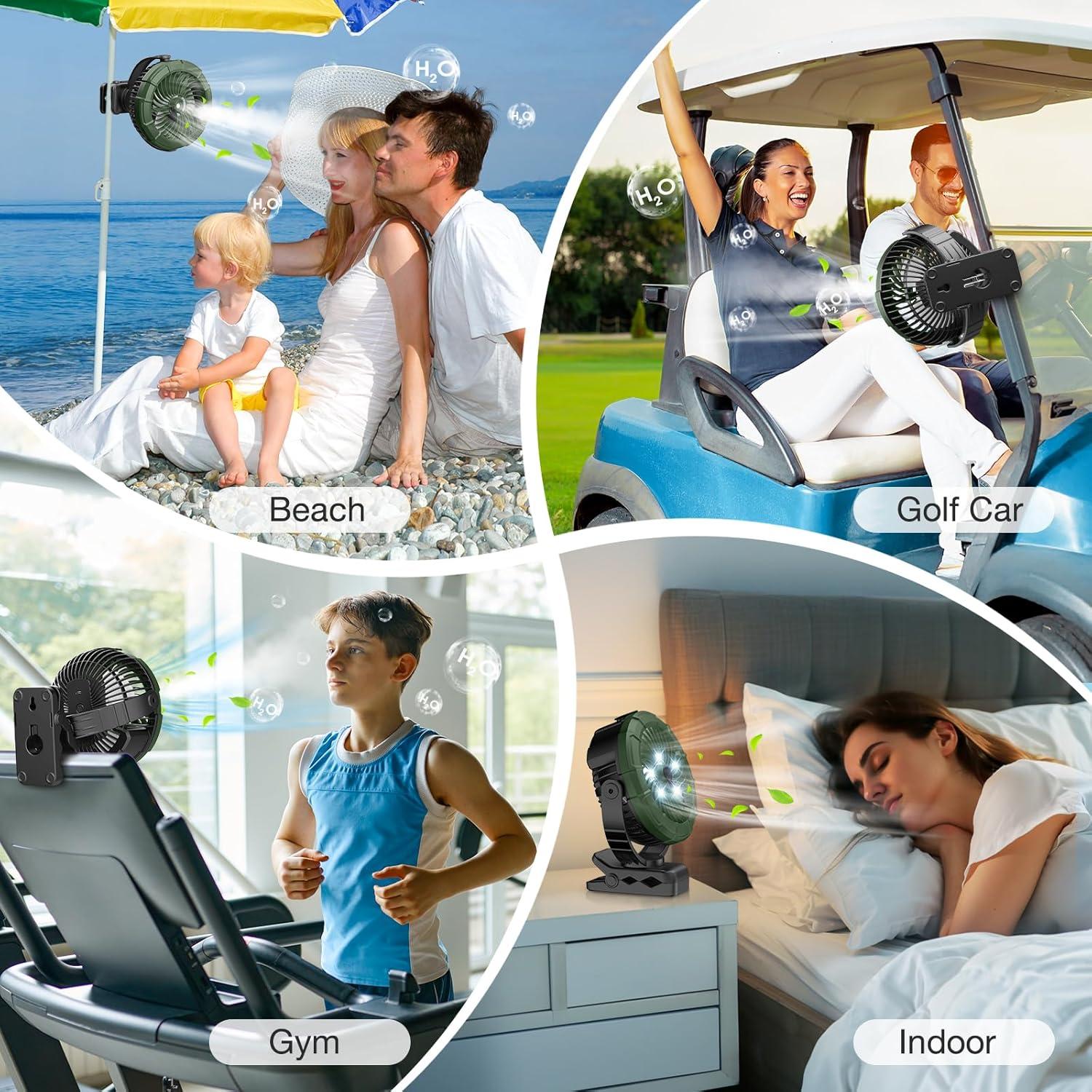 Ausic Portable Misting Clip on Fan, 100ml Camping Stroller Fan with Mist, 5200mAh Outdoor Rechargeable Battery Operated Fans, 360° Rotate Cooling Spray Fans for Travel/Home/Beach/Golf Cart