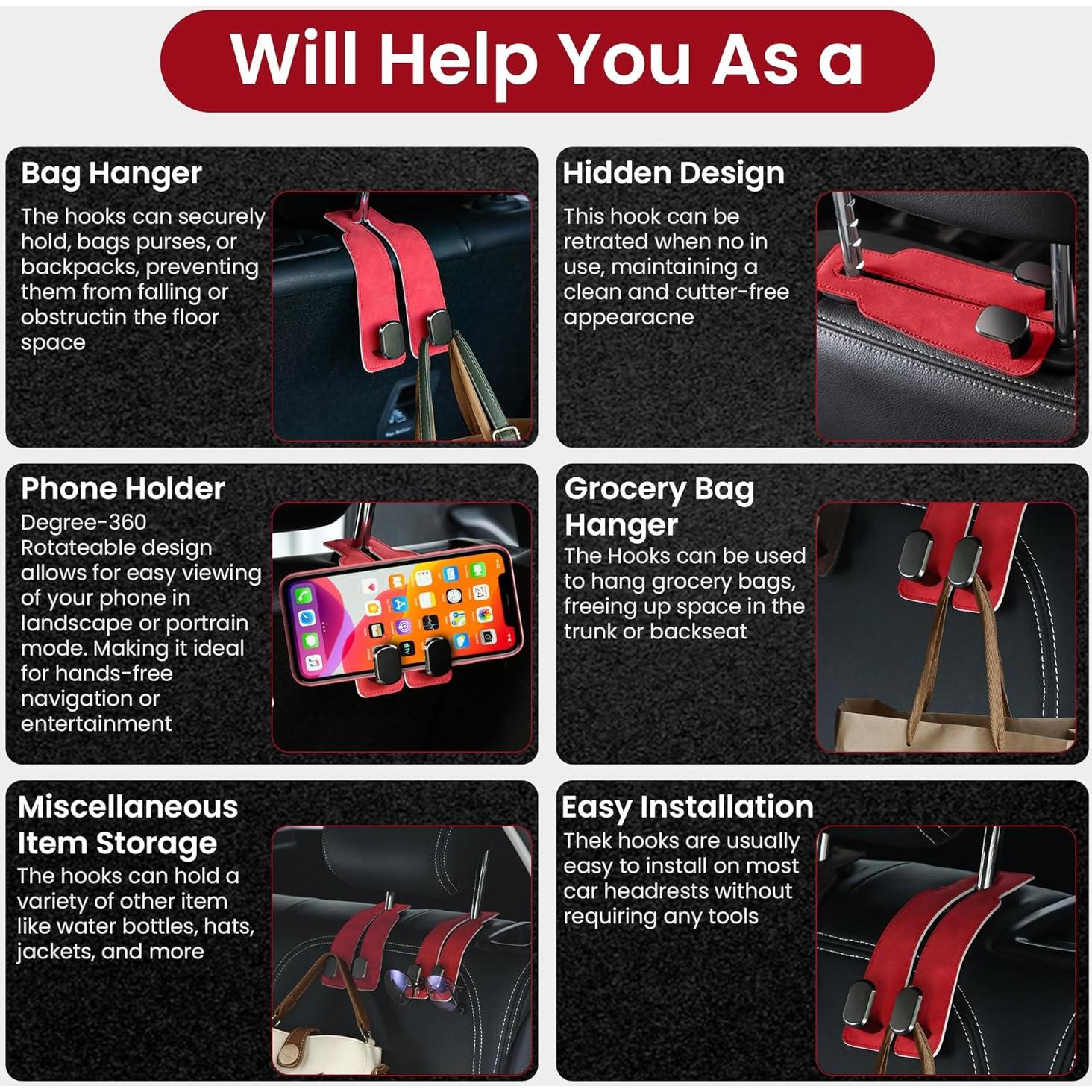 Ganchos para Asiento de Coche Cartaxio - Cuero Rojo y Plata