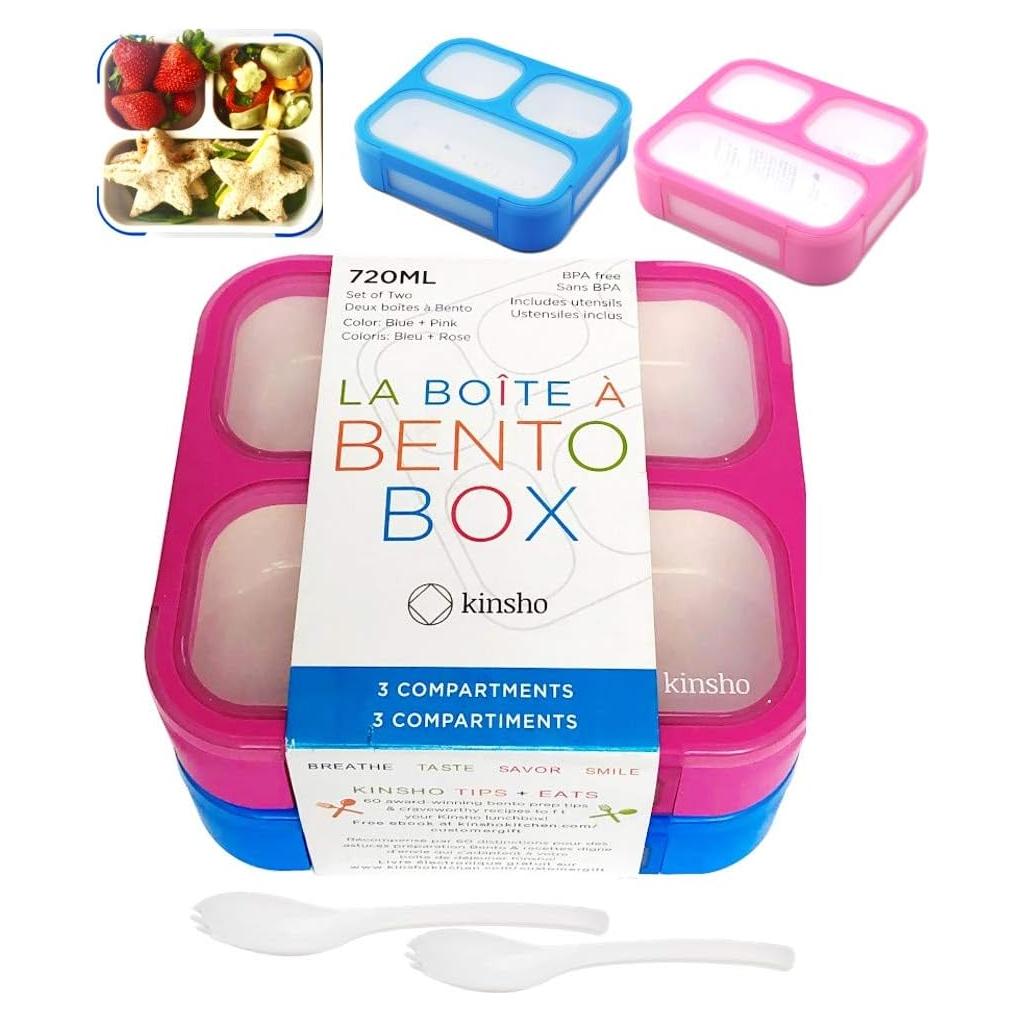 Caja Bento Mediana Kinsho 3 Compartimentos Azul y Rosa 720ml