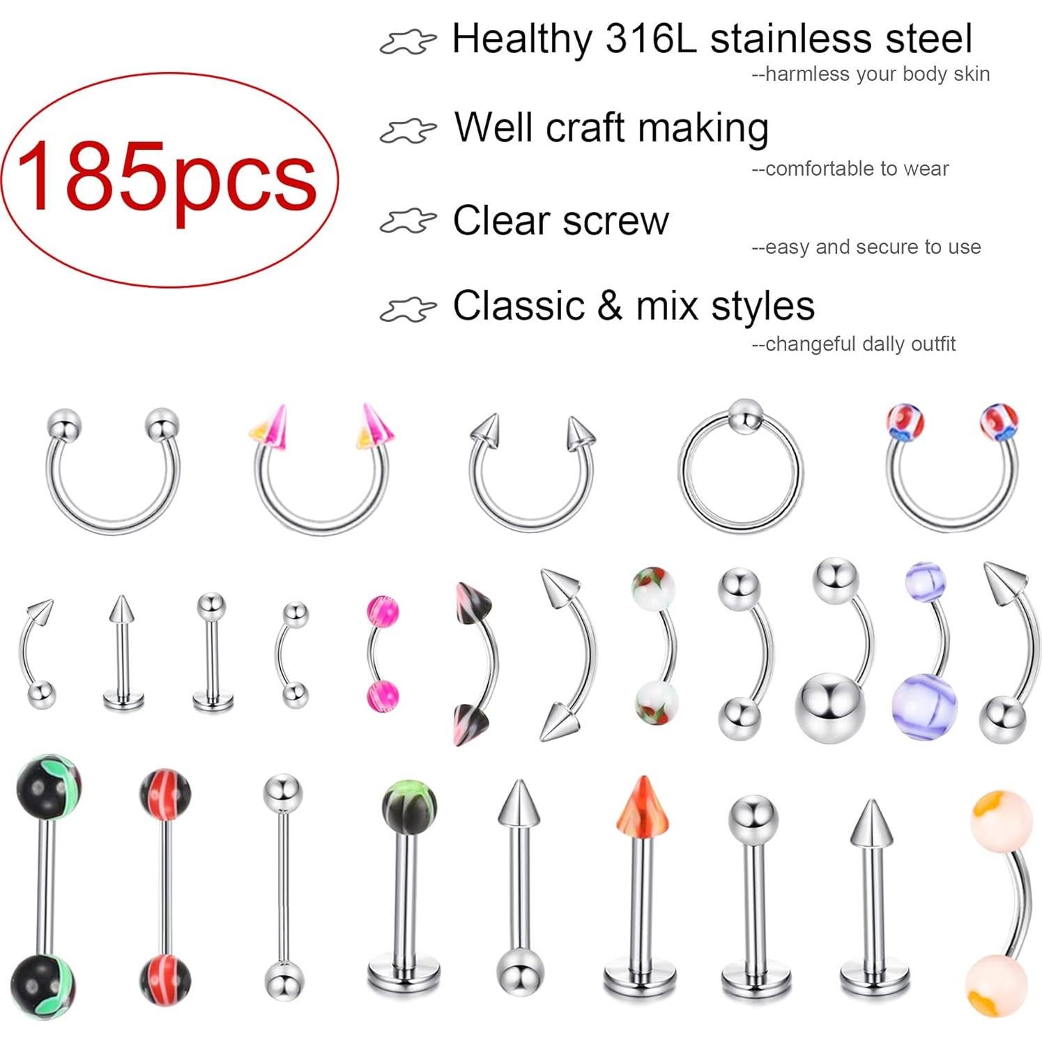 Juego de Joyería de Piercing Corporal Ubjuliwa 185 Piezas 14g-18g