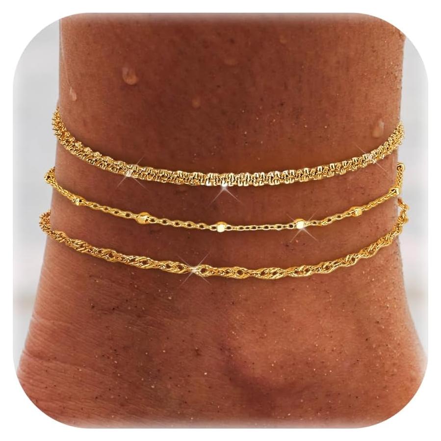 Tobilleras de Oro 14K LOYALLOOK para Mujeres - 3 Piezas Ajustables