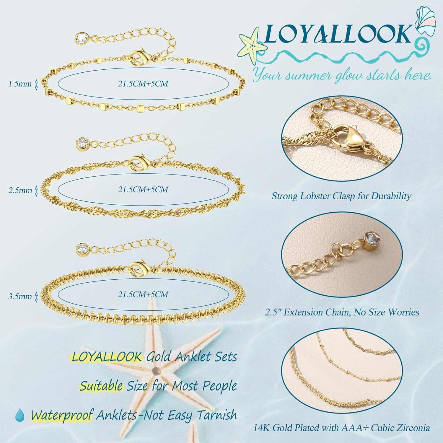 Tobilleras de Oro 14K LOYALLOOK para Mujeres - 3 Piezas Ajustables