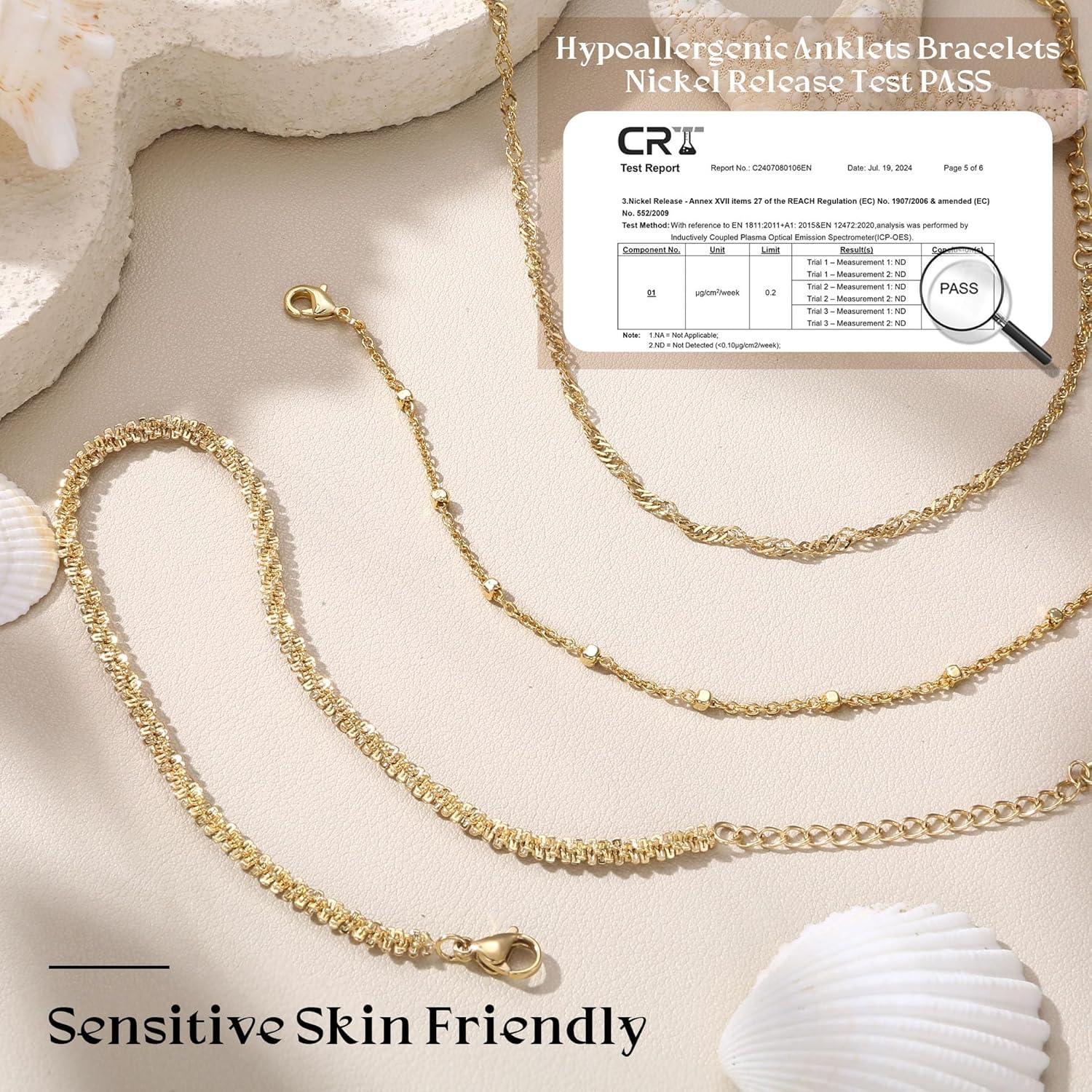 Tobilleras de Oro 14K LOYALLOOK para Mujeres - 3 Piezas Ajustables