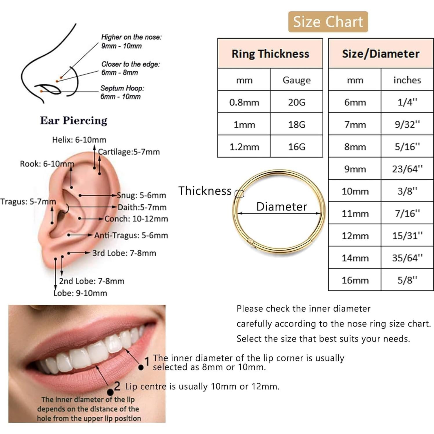 Set de 5 Aros Nasales Lantine Acero Quirúrgico 16G 6mm