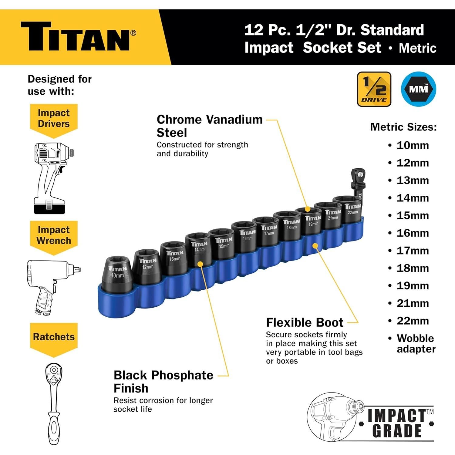 Juego de 12 Piezas de Accesorios de Impacto Titan 42201 10-22mm