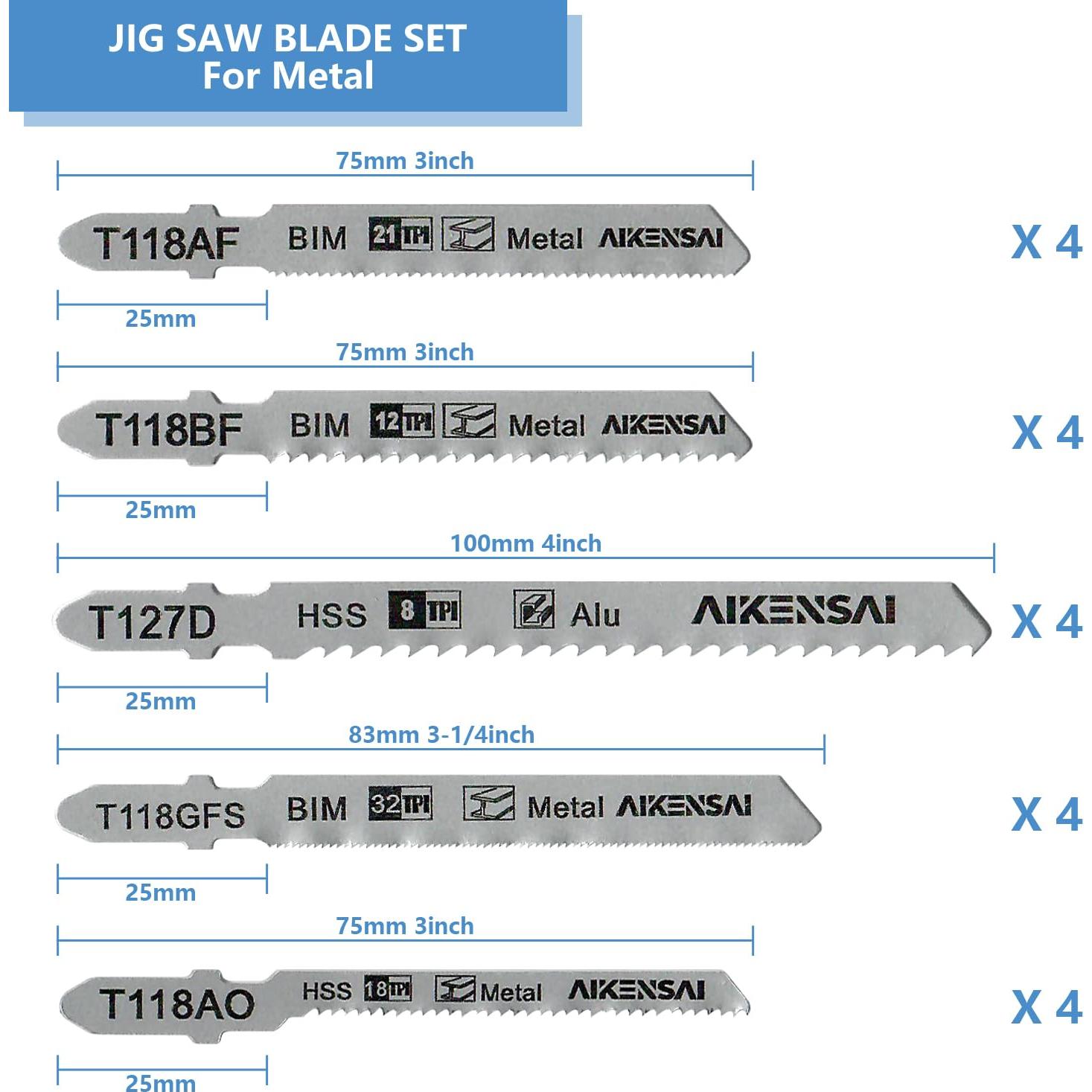 Juego de 20 Hojas de Sierra de Calar AIKENSAI T-Shank para Metal