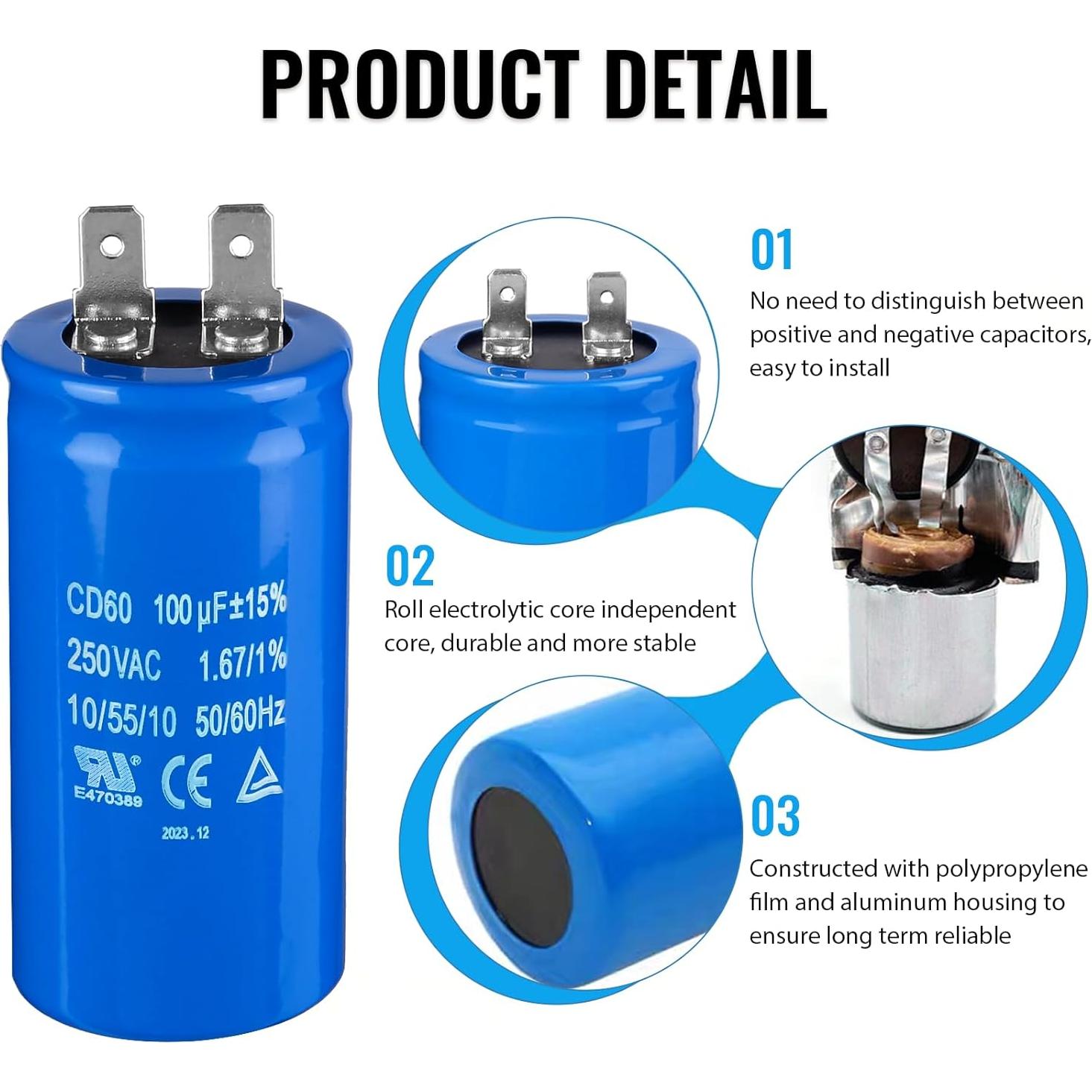 Capacitor de Arranque ZOWZEA CD60 100uF 250V para Motor