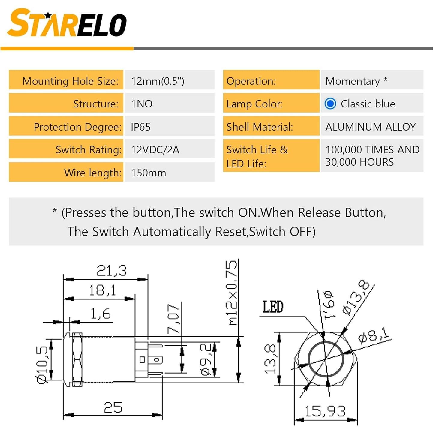 Interruptor Momentáneo LED 12mm STARELO 5pcs Carcasa Negra