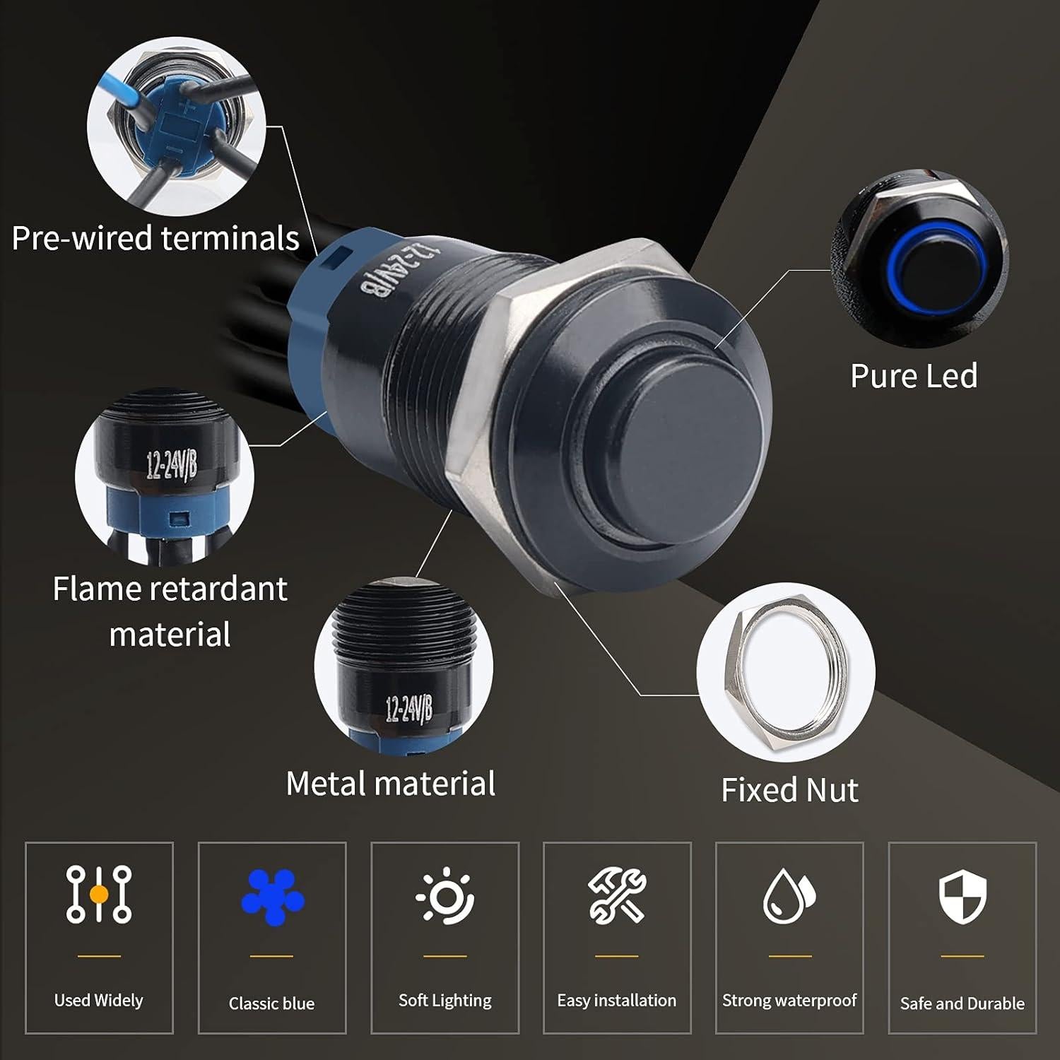 Interruptor Momentáneo LED 12mm STARELO 5pcs Carcasa Negra