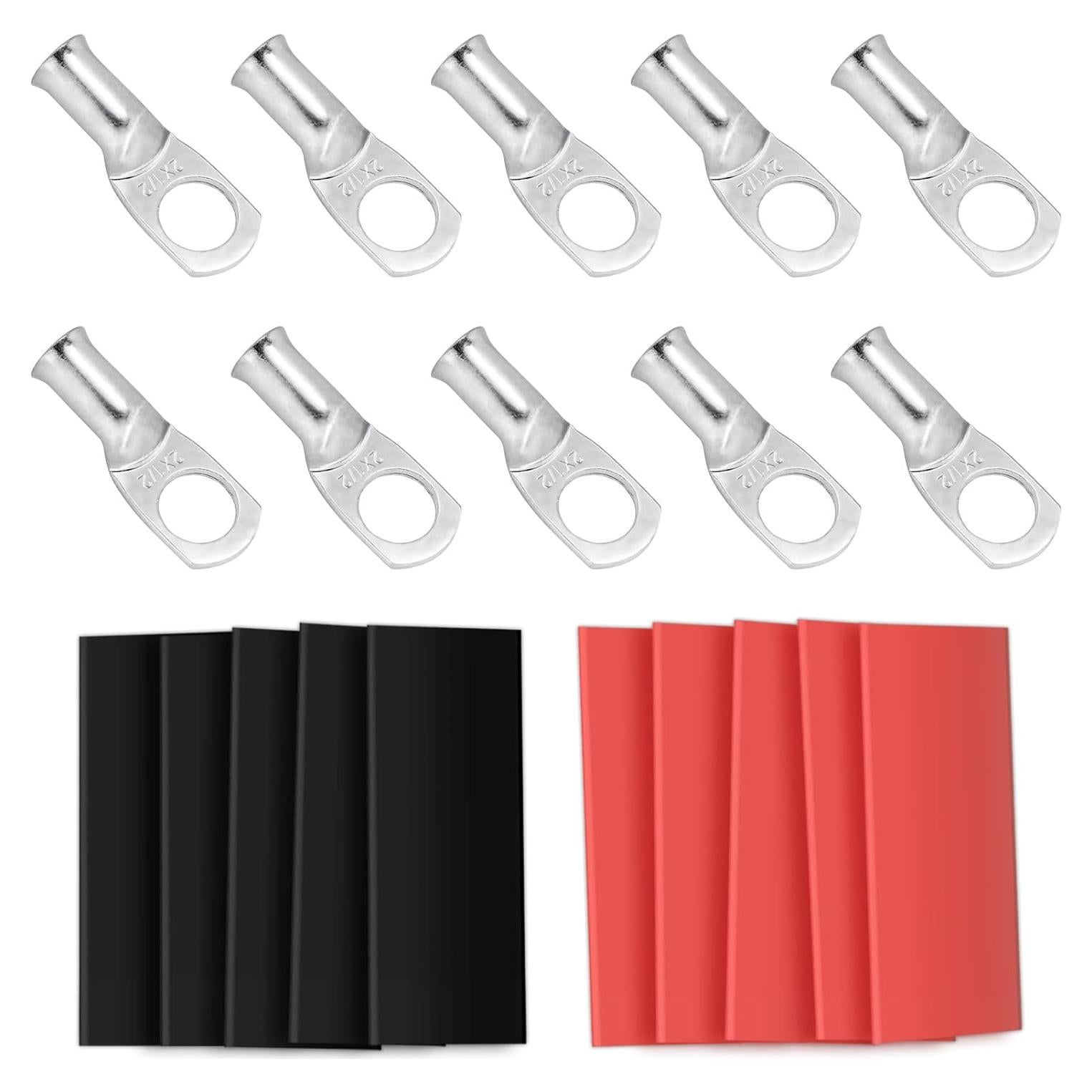 10pcs Sanuke 1/0 AWG - 1/2" Tinned Copper Wire Lugs Ring Terminals, Marine Grade Battery Cable Ends with 3:1 Dual Wall Adhesive Heat Shrink Tubing