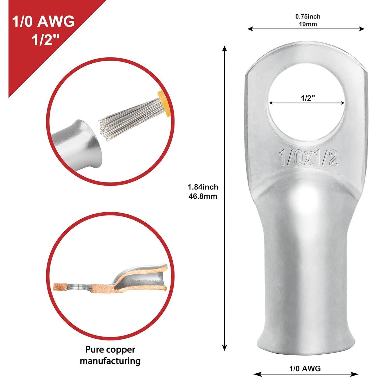 10pcs Sanuke 1/0 AWG - 1/2" Tinned Copper Wire Lugs Ring Terminals, Marine Grade Battery Cable Ends with 3:1 Dual Wall Adhesive Heat Shrink Tubing