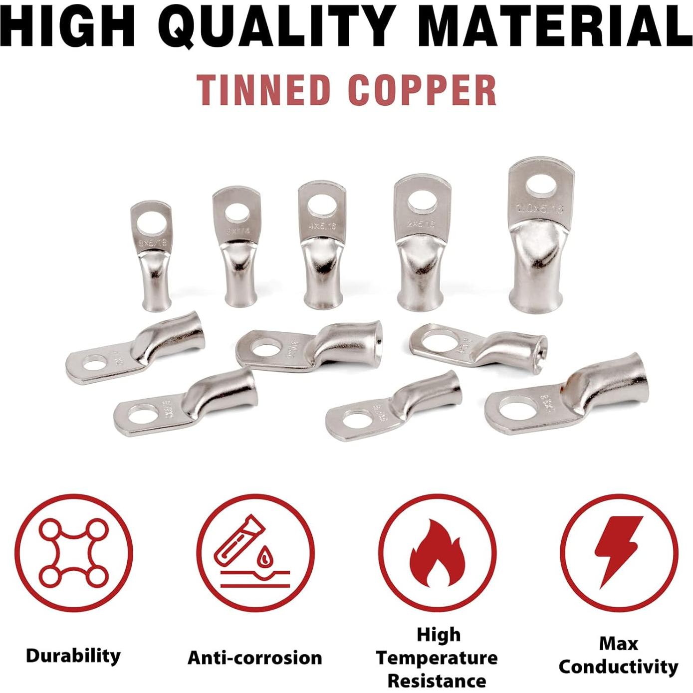 10pcs Sanuke 1/0 AWG - 1/2" Tinned Copper Wire Lugs Ring Terminals, Marine Grade Battery Cable Ends with 3:1 Dual Wall Adhesive Heat Shrink Tubing