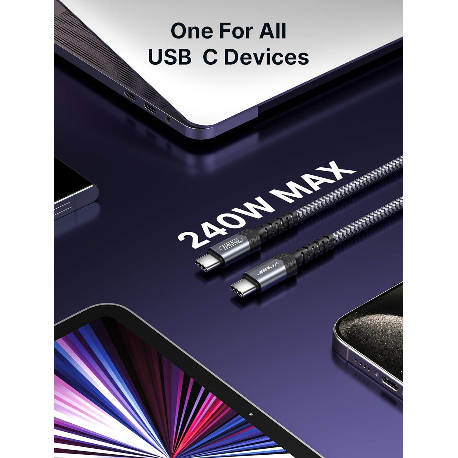 Cable USB C a C JSAUX 240W 2.0m Carga Rápida Gris