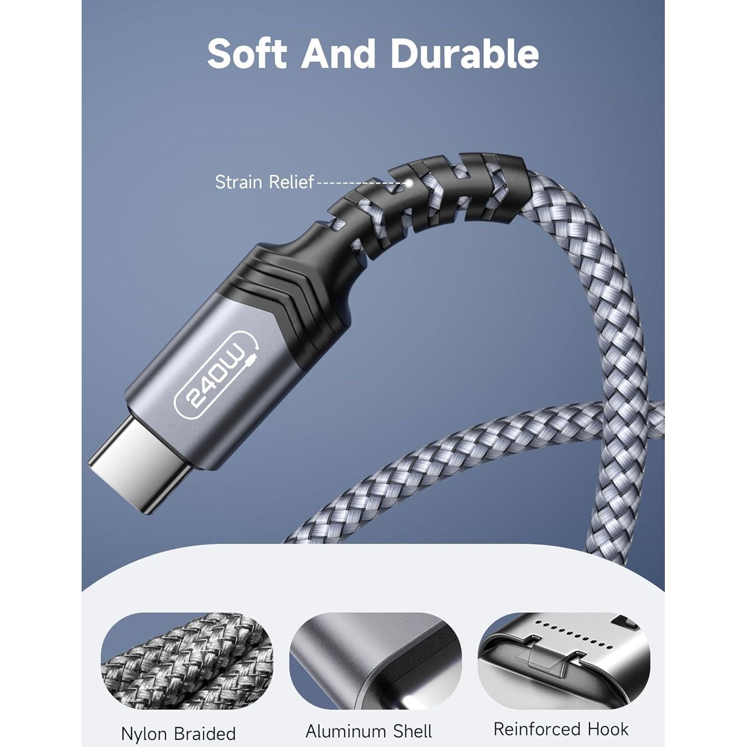 Cable USB C a C JSAUX 240W 2.0m Carga Rápida Gris