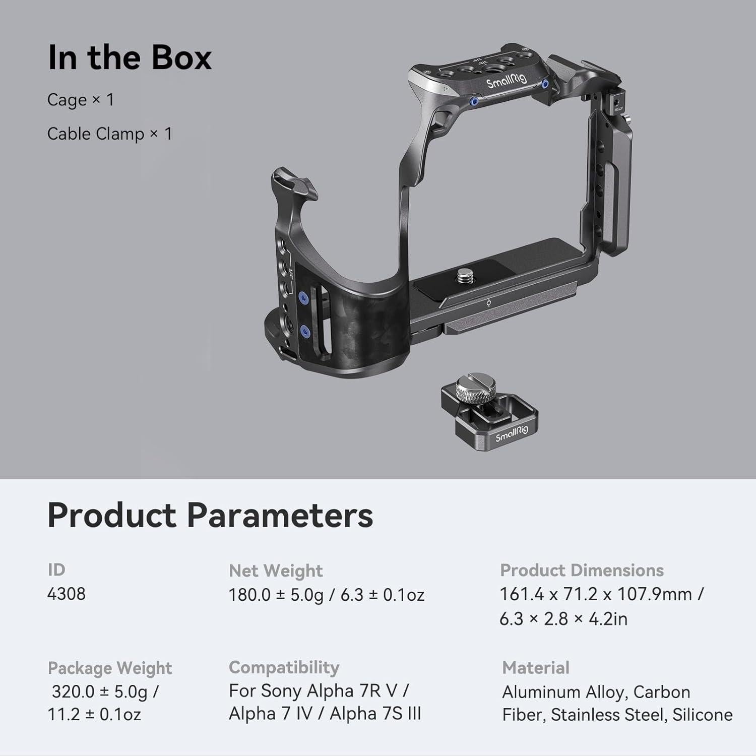 SmallRig Cage Kit w/Cable Clamp for Sony Alpha 7R V/Alpha 7 IV/Alpha 7S III, Camera Cage w/Multiple Accessory Mounting Points, Built-in Quick-Release Plate for Arca-Swiss - 4308
