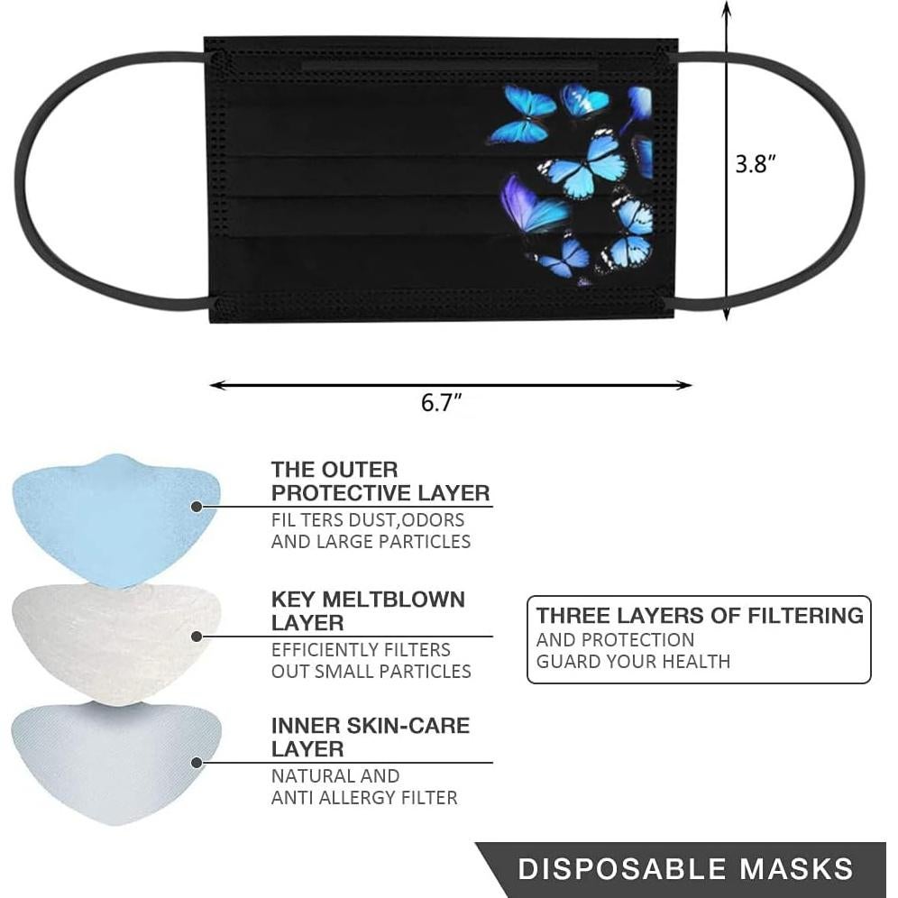 50 Pcs Mascarillas Desechables 3 Capas Mariposa Adultos