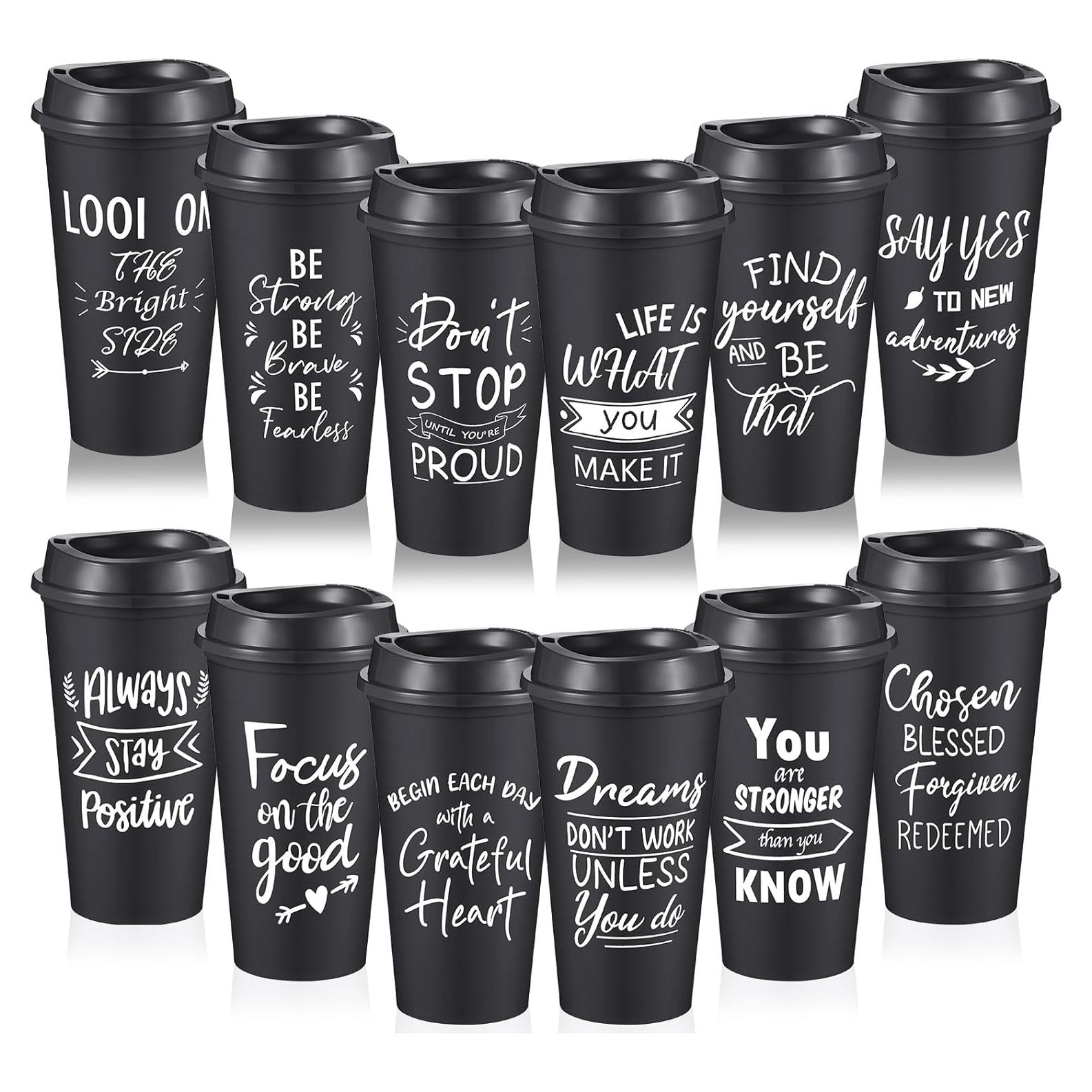 12 Tazas de Café Reutilizables FillTouch con Tapa Negra 16 oz