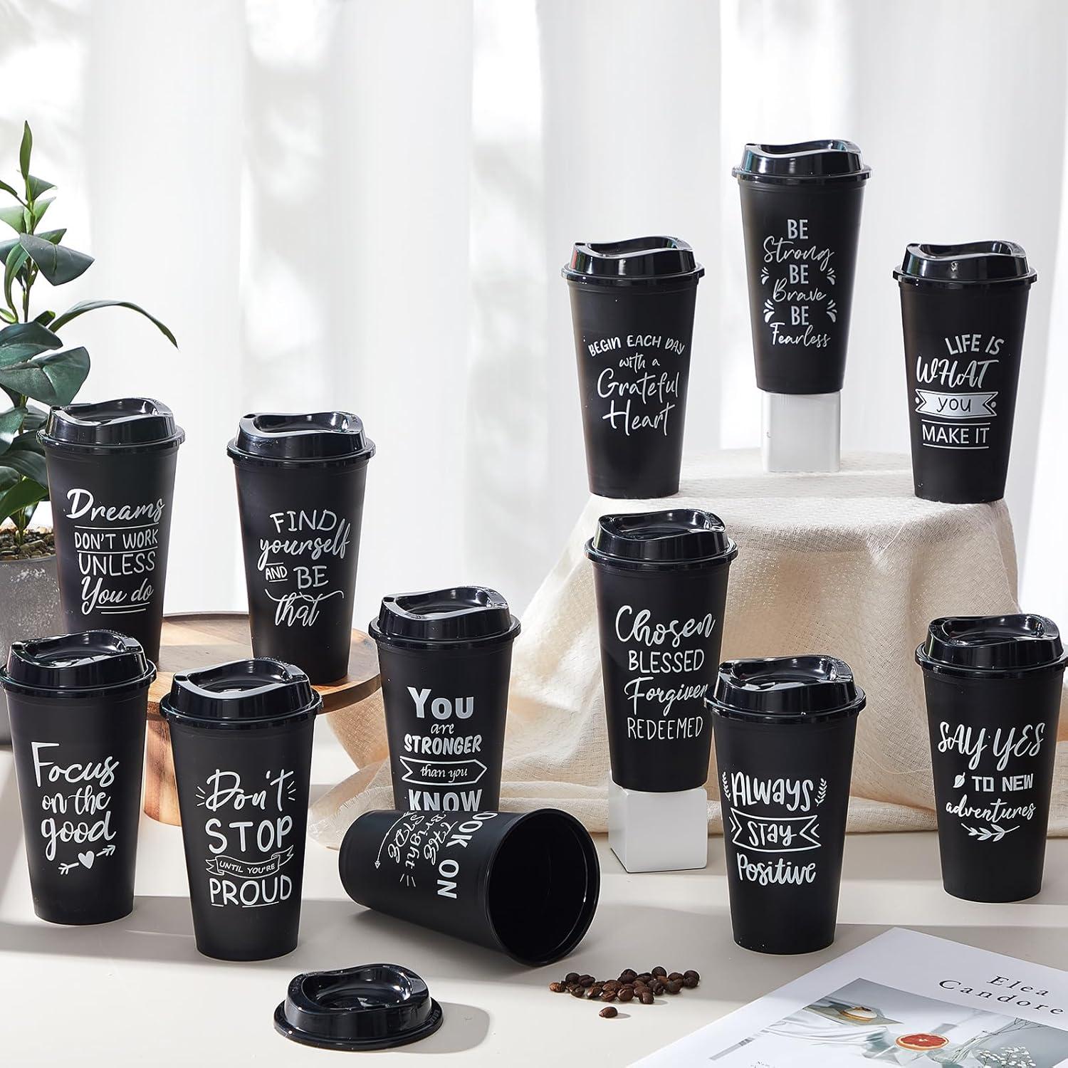 12 Tazas de Café Reutilizables FillTouch con Tapa Negra 16 oz