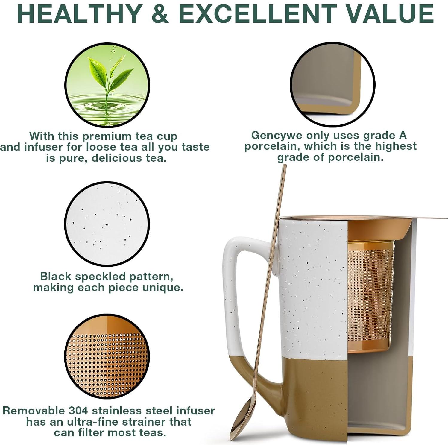 Taza de Té Grande Gencywe 473 ml con Infusor y Tapa Ámbar